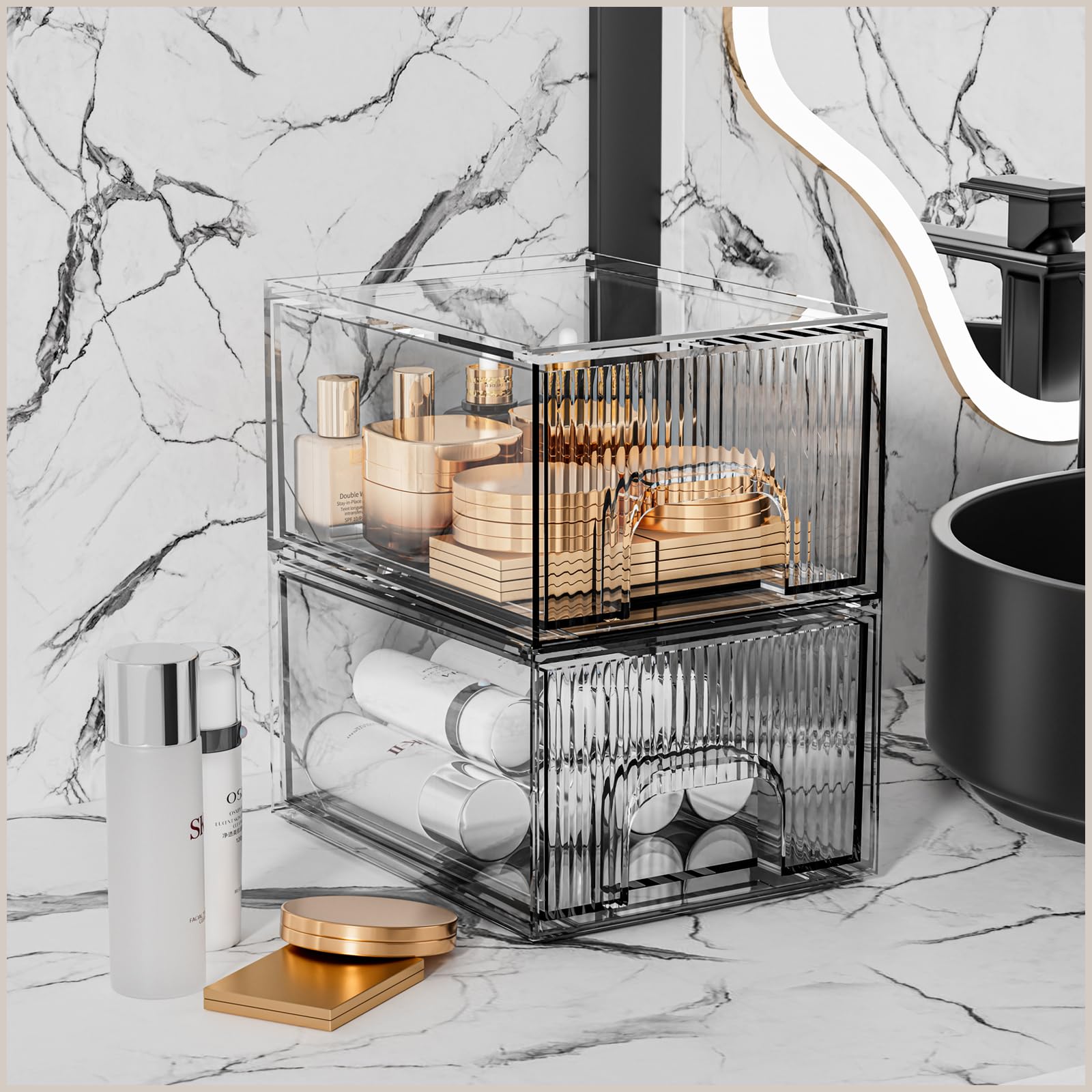 Zhiai Makeup Organizer, Stackable Bathroom Organizers And Storage, Clear Cosmetic Storage Box For Vanity, Skincare, Kitchen Cabi