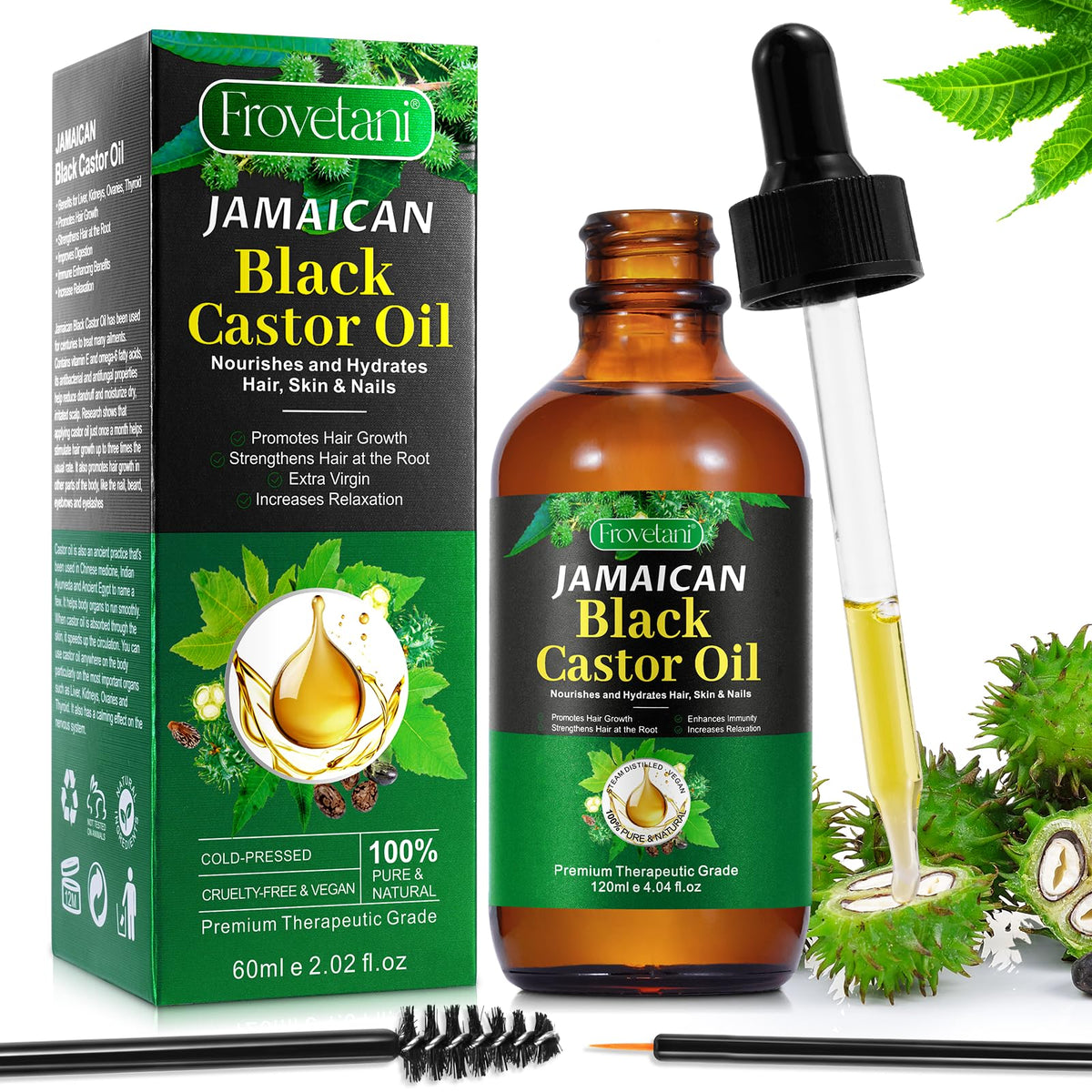 Jamaican Black Castor Oil, Organic Castor Oil for Hair Growth, Cold Press Unrefined, Thicker Eyelashes and Eyebrows, Massage Oil