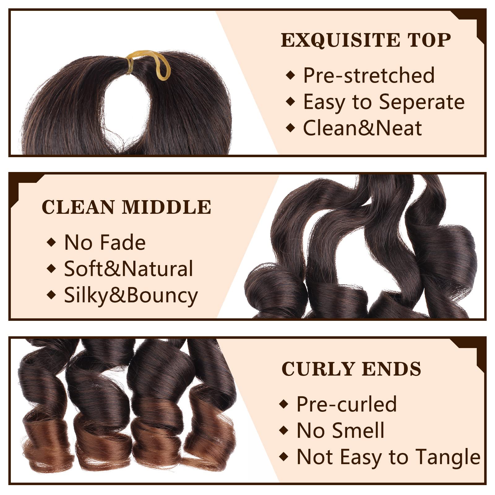 COOKOO 18 Inch 9 Packs Ombre Brown Spiral Loose French Curls Braiding Hair 65g/pack Bouncy Braids Hair Precurled Spanish Curls S