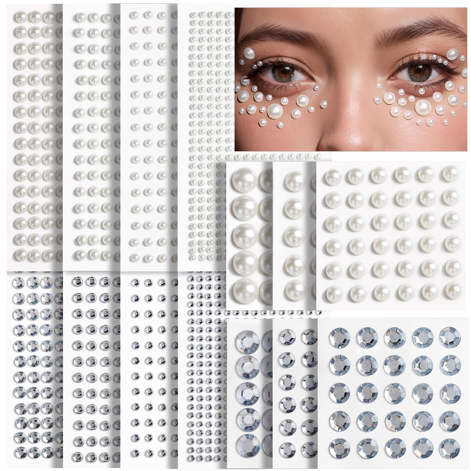 Teenitor Hair Gems and Face Gems 2032 PCS Self-Adhesive Face Gems Hair Gems Face Jewels, Face Gems Stick On Pearls for Crafts Ha