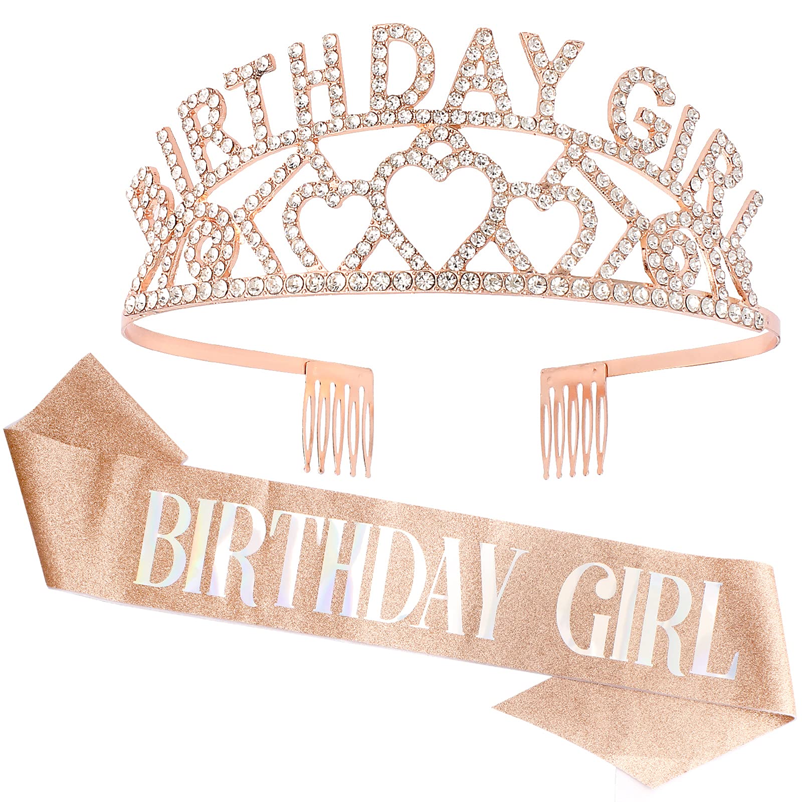 Birthday Girl Crown,CIEHER Birthday Girl Sash & Rhinestone Rose Gold Tiara Kit,Tiaras and Crowns for Women,Princess Elegant Crow