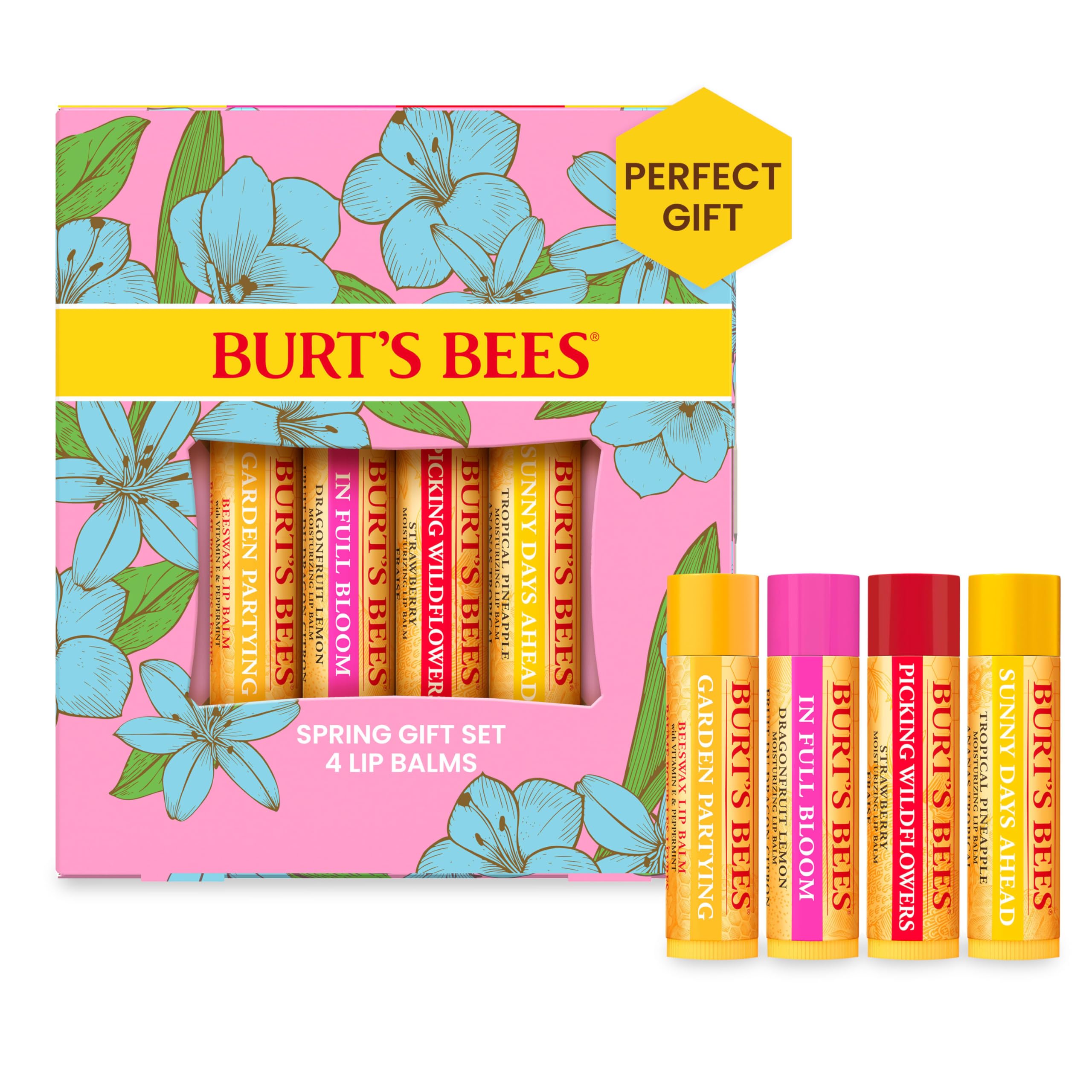 Burt's Bees Gifts Ideas - In Full Bloom Lip Balm Set, Original Beeswax, Dragonfruit Lemon, Tropical Pineapple & Strawberry, Natu