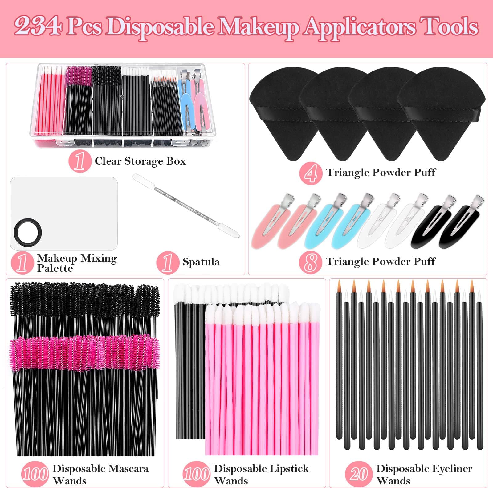 Disposable Makeup Applicators Kit With Triangle Puff Mixing Palette, Artist Supplies Disposable Mascara Wands, Lip Brushes, Hair