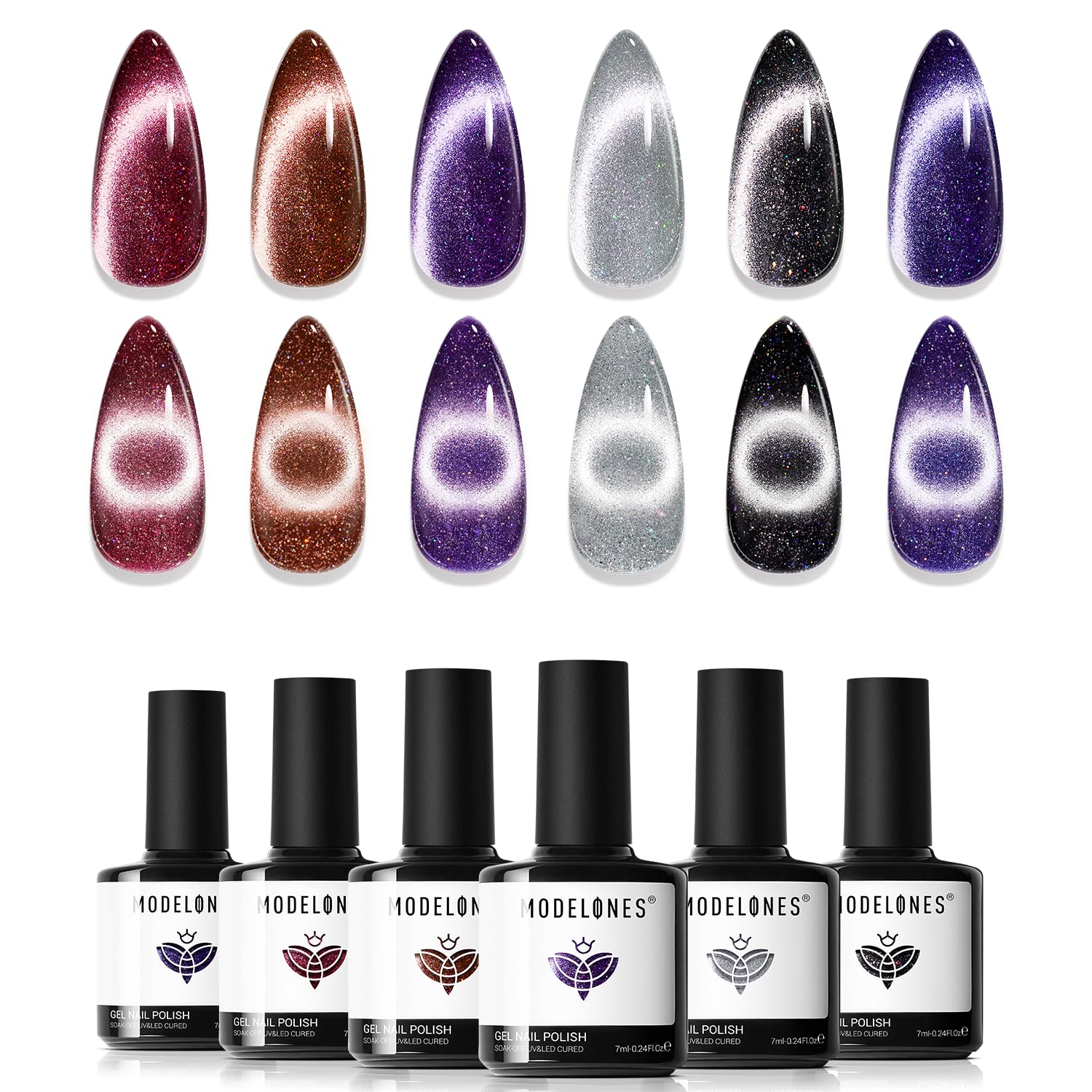 Modelones Cat Eye Gel Nail Polish Set, 6 Colors Holographic 9D Cat Eye Glitter Gel Polish Black Red Purple Blue Silver Brown Nai