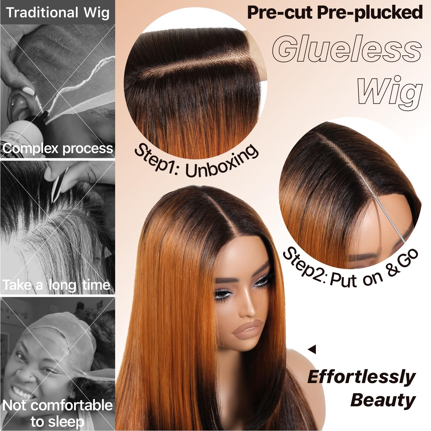 Brownbomb Ombre Orange Black Wear And Go Glueless Wigs Pre Plucked Pre Cut For Beginners Synthetic Lace Front Wigs With Bangs Lo