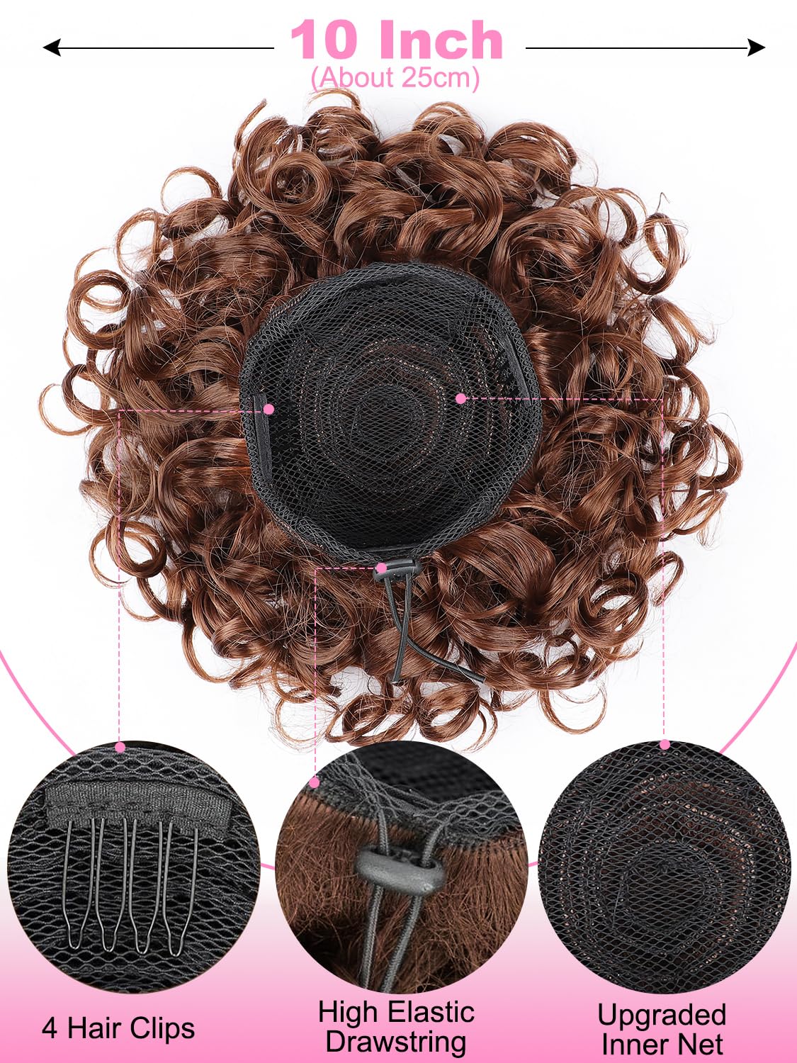 Alxnan Messy Hair Bun Hair Piece For Women Elastic Drawstring Loose Wave Curly Buns Short Middle Brown Synthetic Ponytail Extens
