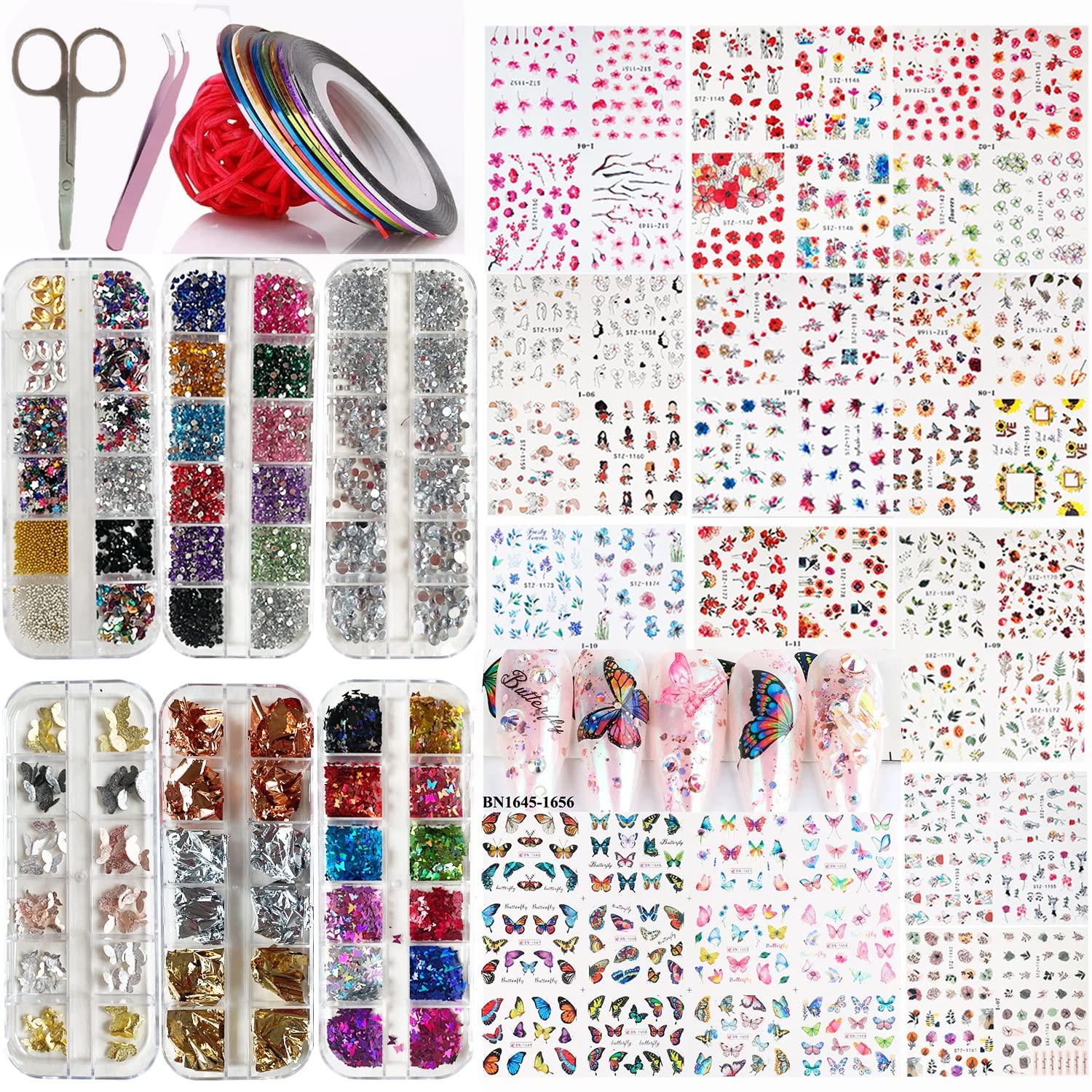 13 Sheets Nail Art Stickers,Nail Art Decoration Kit With 1100+ Pieces Nail Water Decals Crystal Rhinestones 3D Butterfly Nail Ar
