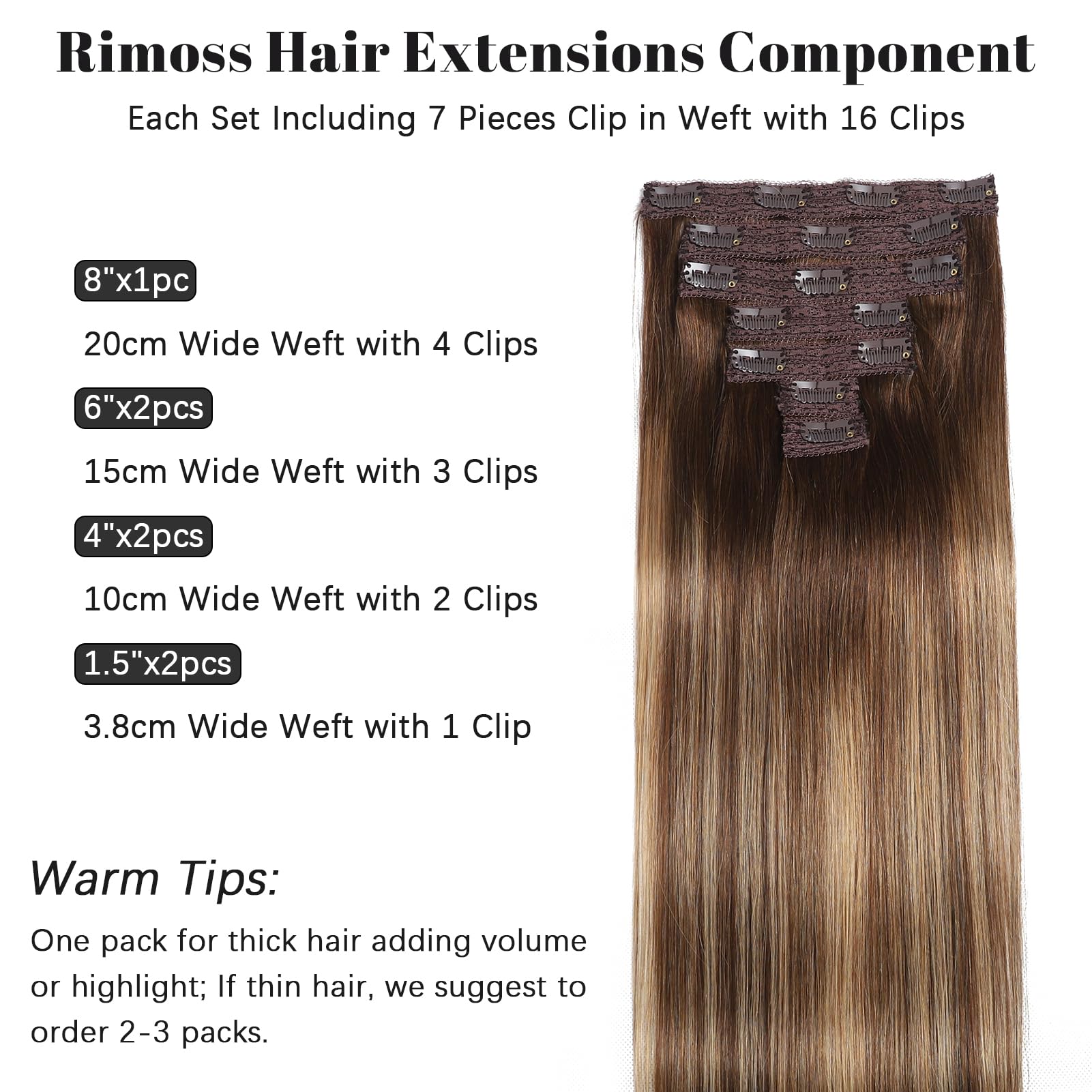 Rimoss Clip In Hair Extensions Real Human Hair, Premium 22 Inch 7Pcs Ombre Chocolate Brown To Caramel Blonde Balayage Remy Human