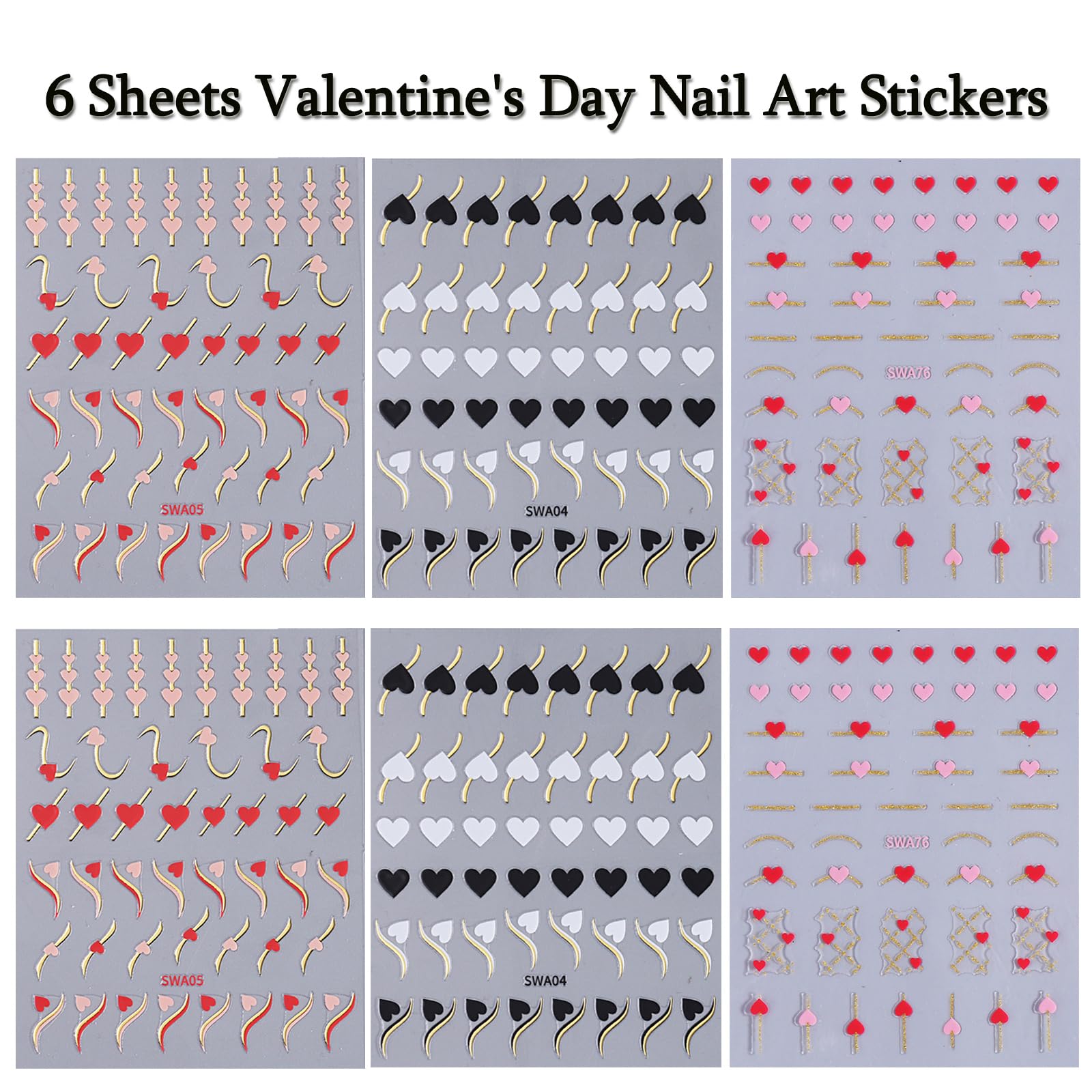 6 Sheets Valentines Day Nail Art Stickers 3D Self-Adhesive Heart Nail Stickers White Black Pink Red Hearts French Nail Design Na