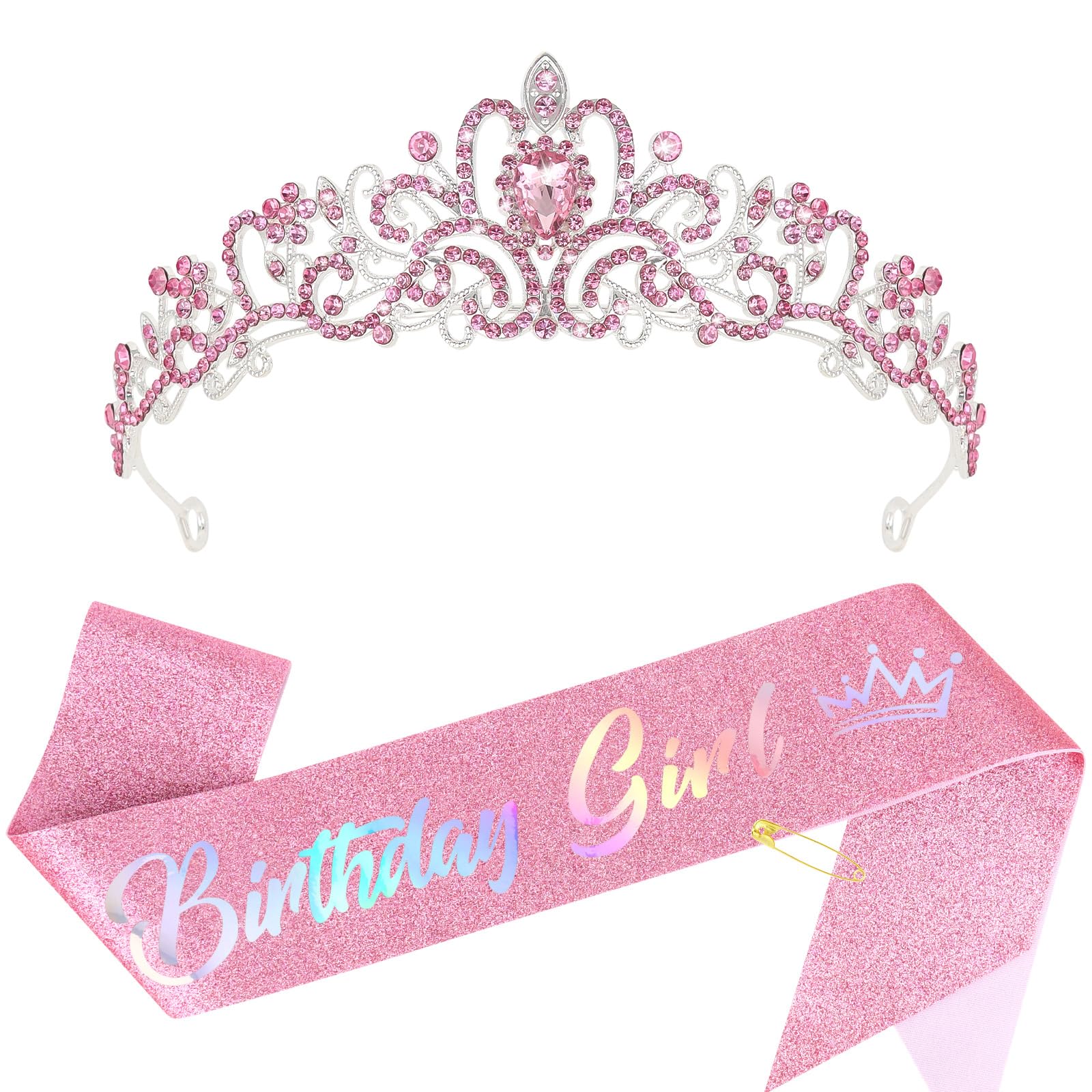 CIEHER Birthday Girl Crown and Sash - Pink Tiara Birthday Decorations for Women and Girls