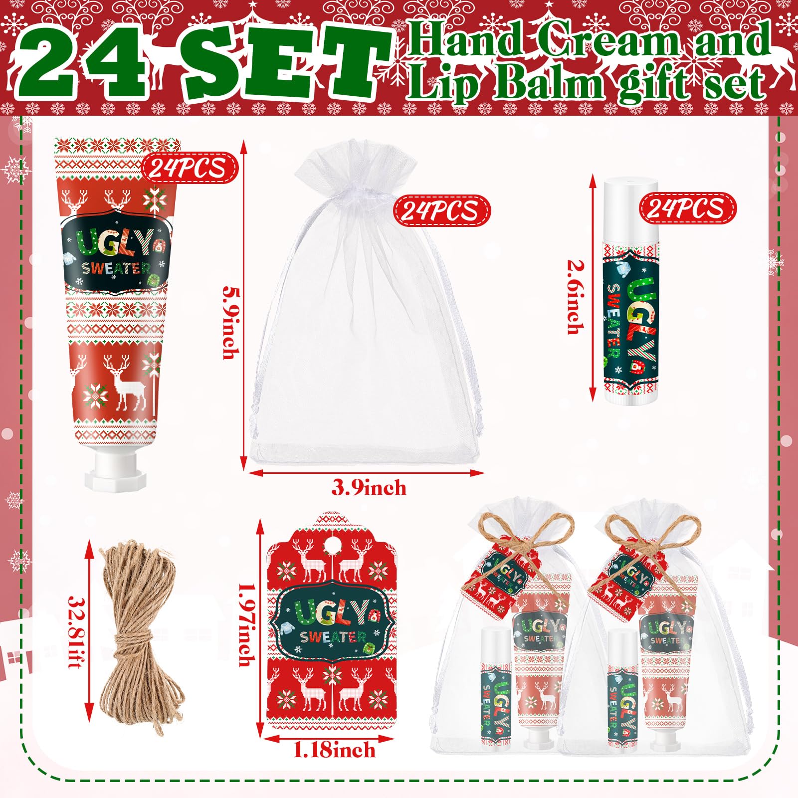 Dansib 24 Sets Christmas Ugly Sweater Baby Shower Hand Cream and Lip Balm Gift Christmas Party Favors Travel Size Hand Lotion an
