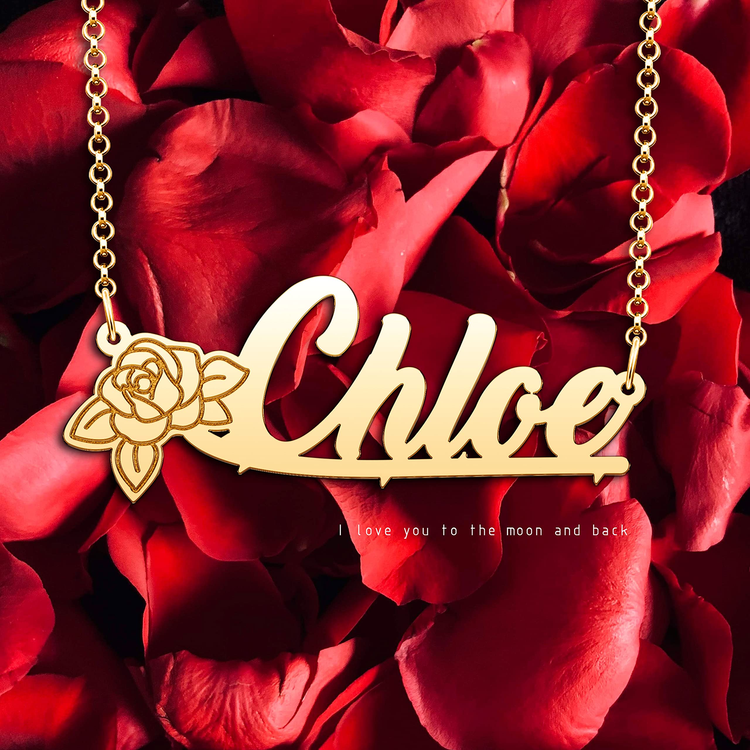 CoolJewelry Rose Flower Necklace Love Heart Necklace Custom Necklace Personalized Name Necklace for Women for