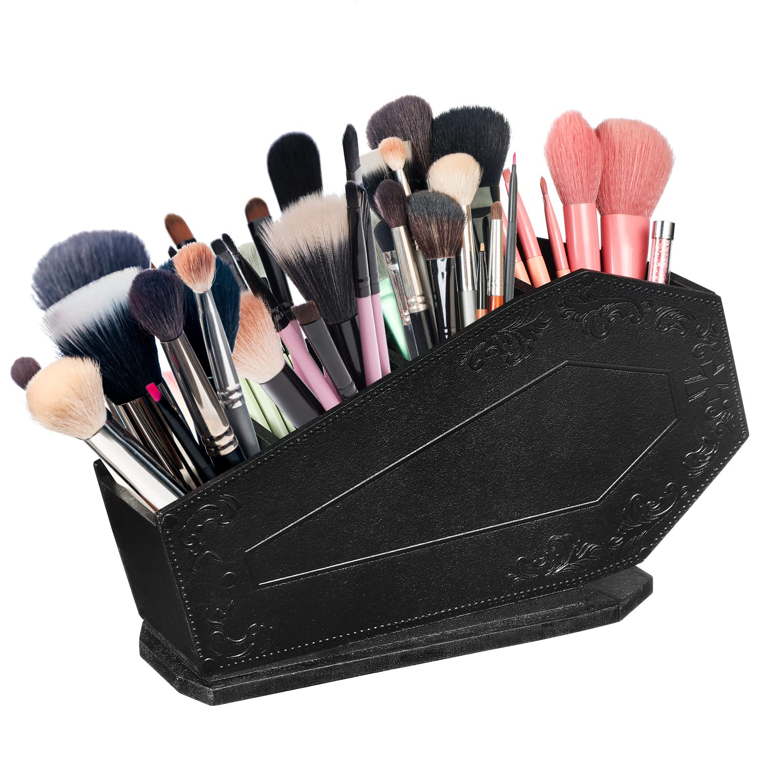 Maitys Coffin Makeup Brush Holder Gothic Wooden Organizer Spooky Coffin Case Gifts For Women Cosmetic Display Cases Spooky Home