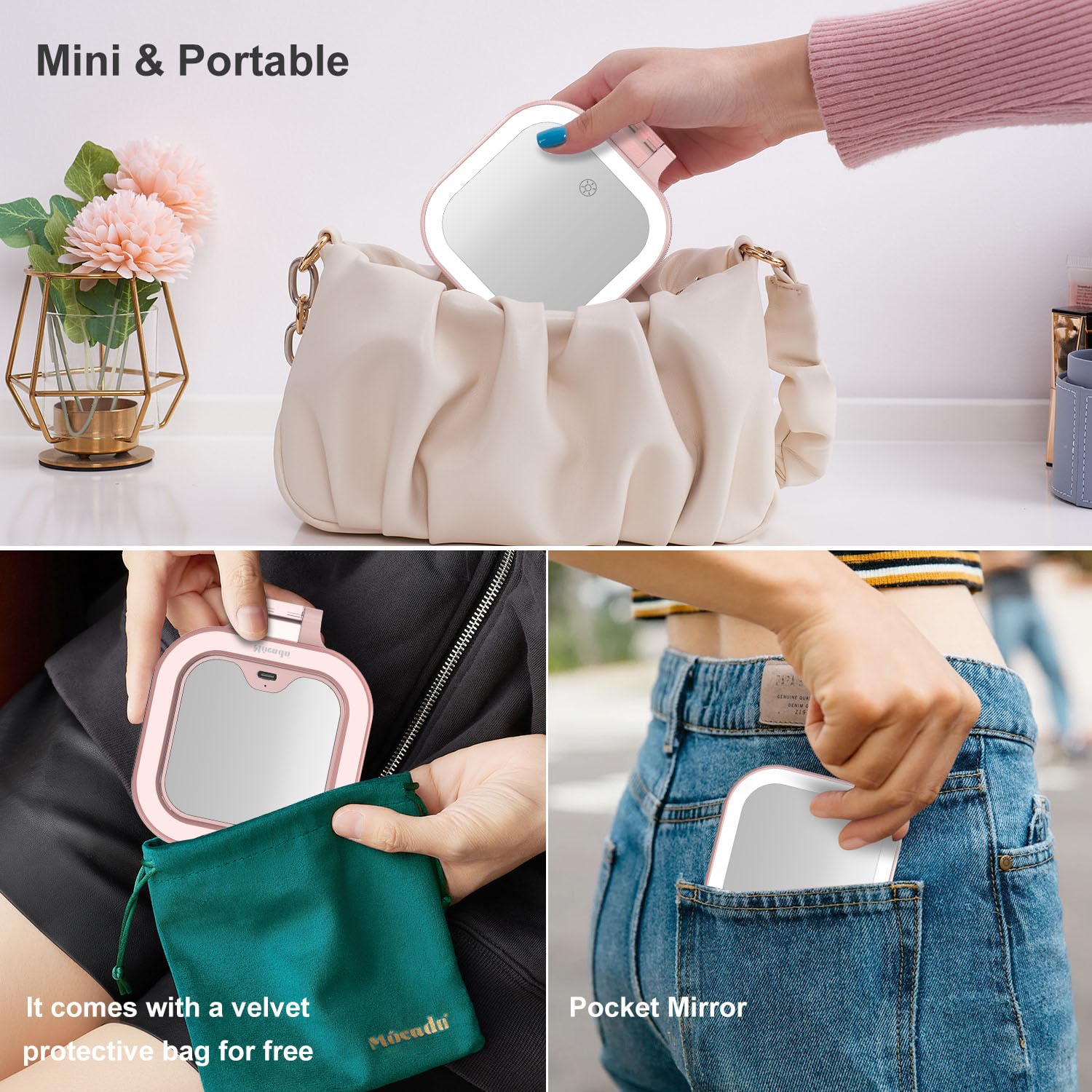 Mocado Compact Travel Makeup Mirror, 1X/10X Magnifying Mirror with Light, Double Sides Compact Mirror with 3 Color Light, Dimmab