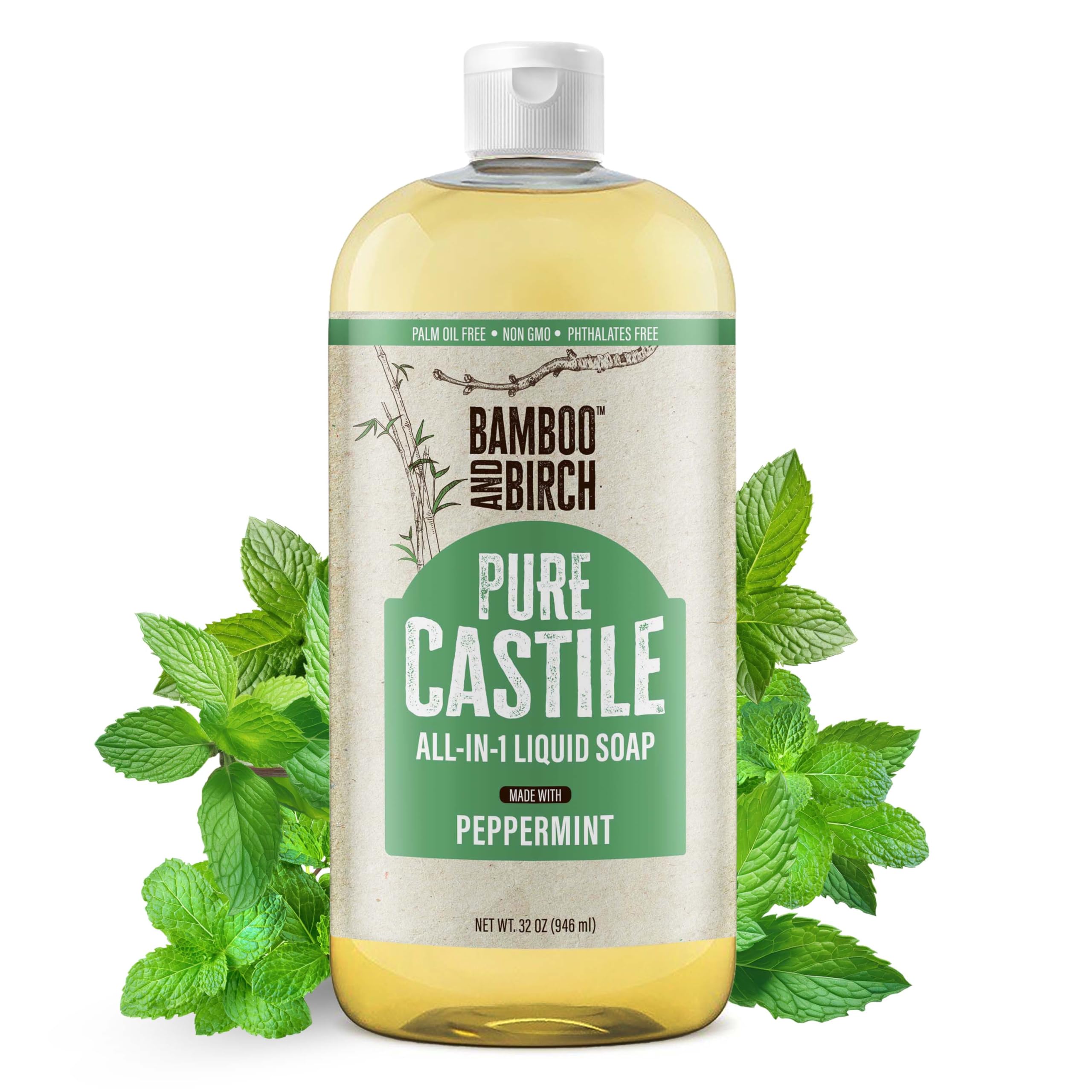 BAMBOO AND BIRCH Pure Castile Soap Liquid Organic, Certified Palm Oil Free Natural Soap, Peppermint, 32 oz