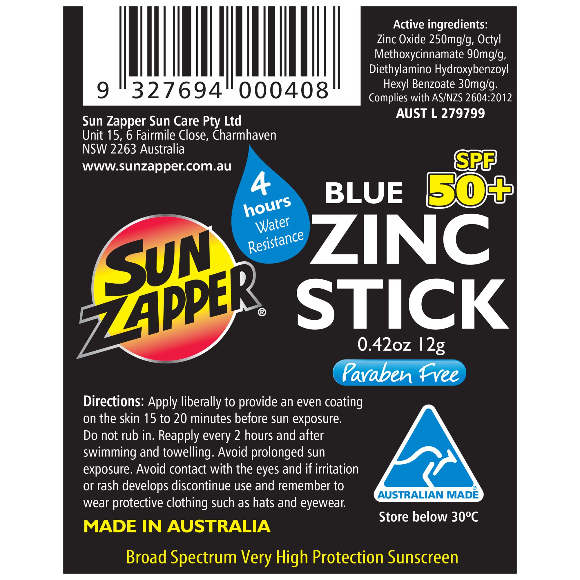 Sun Zapper Zinc Oxide Sunscreen Stick Mineral Blue Spf 50+ Water Resistant For Face & Body, Adults, Kids (042 Oz, 12G) Broad Spe