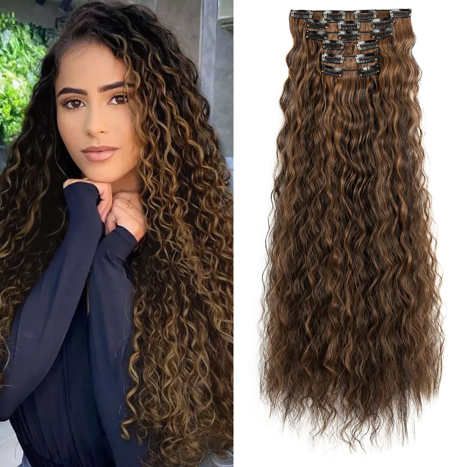 6PCS Clip In Hair Extensions-LONAI 24'' Black Brown with Highlight Hair Long Mermaid Waves Synthetic Clip On Hairpiece For Women