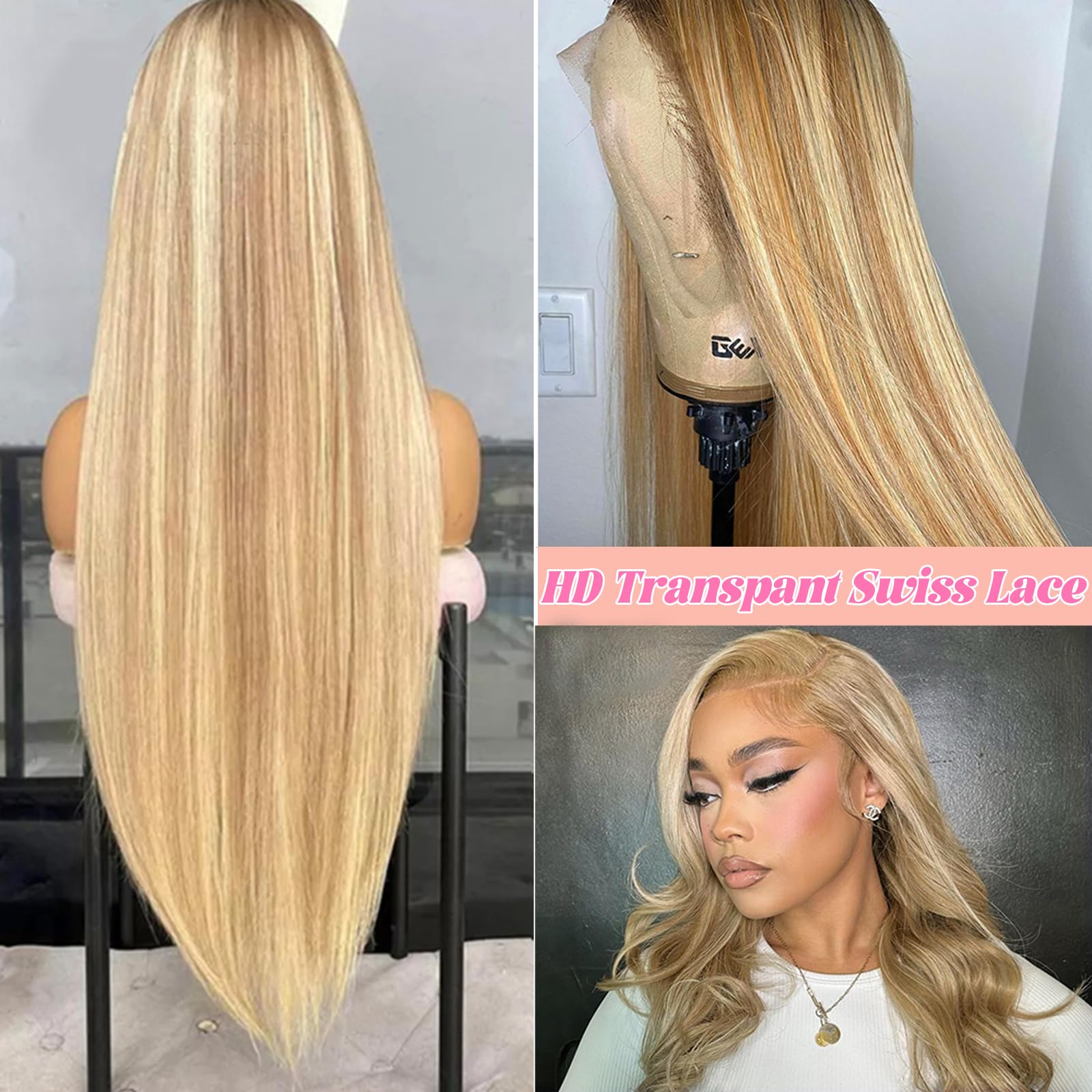 Highlight Lace Closure Wigs Human Hair Glueless Honey Blonde 13X4 Ombre Lace Front Wig 150% Density Soft Straight Brazilian Vigi