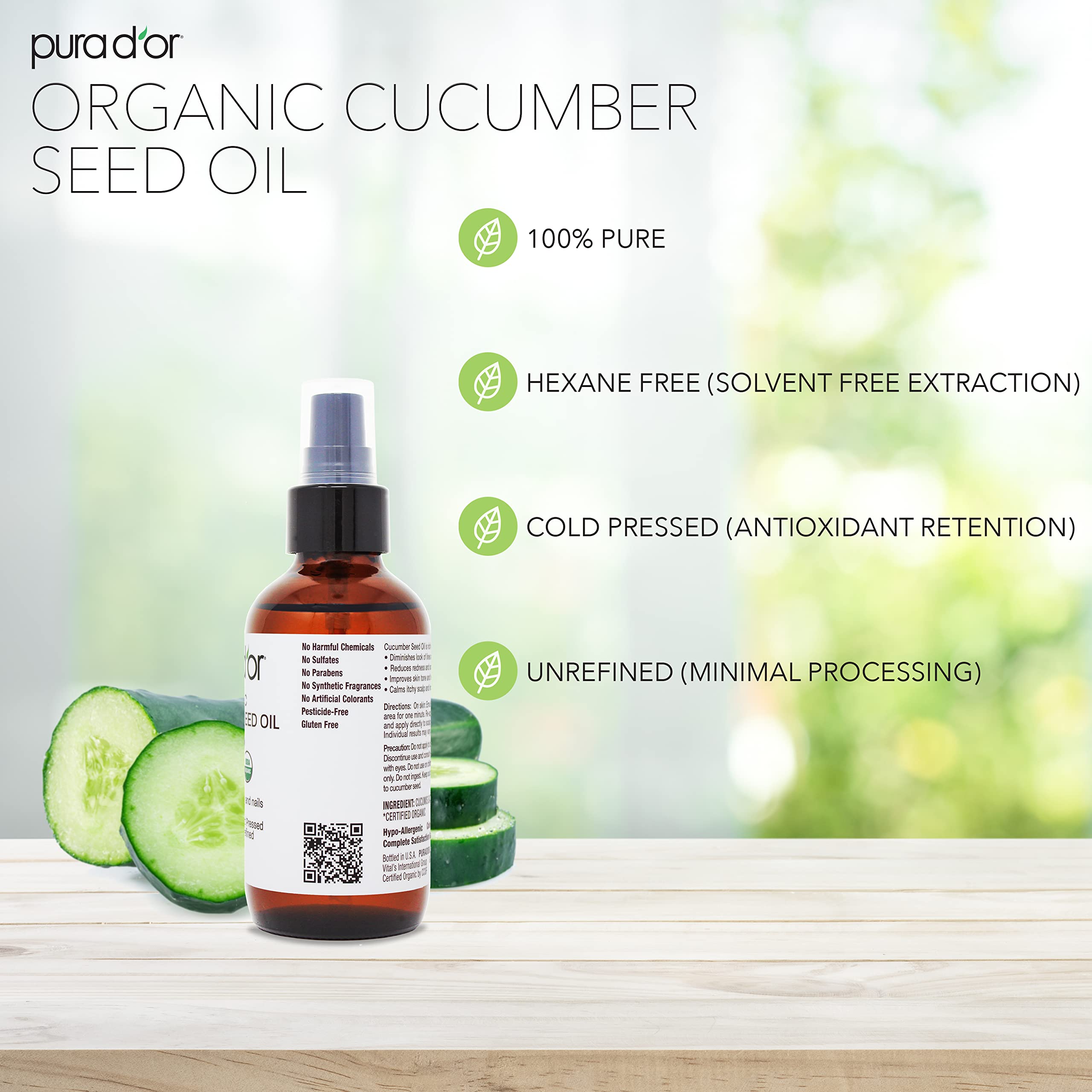 Pura D'Or 4 Oz Organic Cucumber Seed Oil100% Pure Usda Certified Premium Grade All Natural Moisturizer, Cold Pressed, Unrefined,