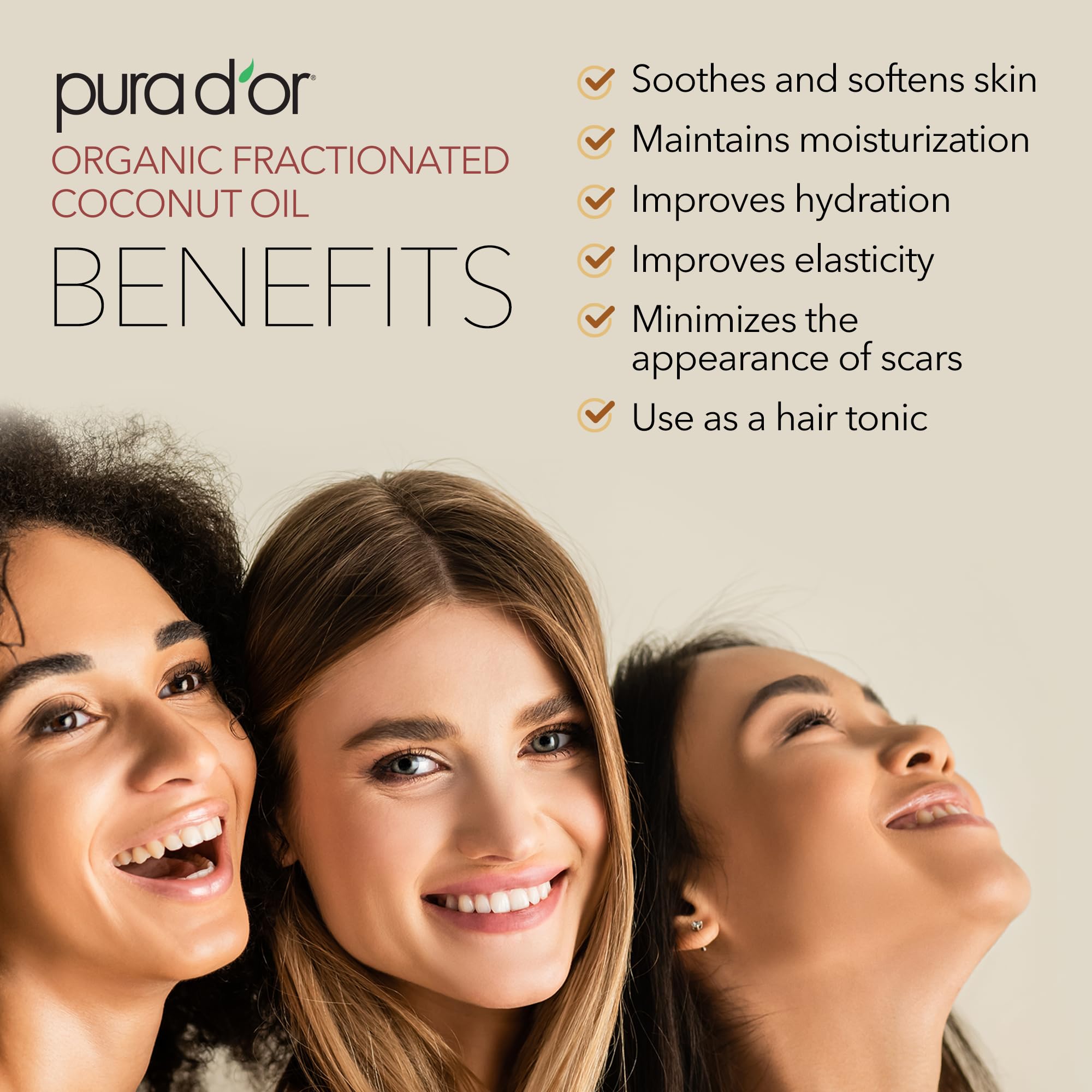 PURA D'OR 16 Oz ORGANIC Fractionated Coconut Oil - MCT Oil - 100% Pure & Natural USDA Certified Cold Pressed Carrier Oil - Unsce