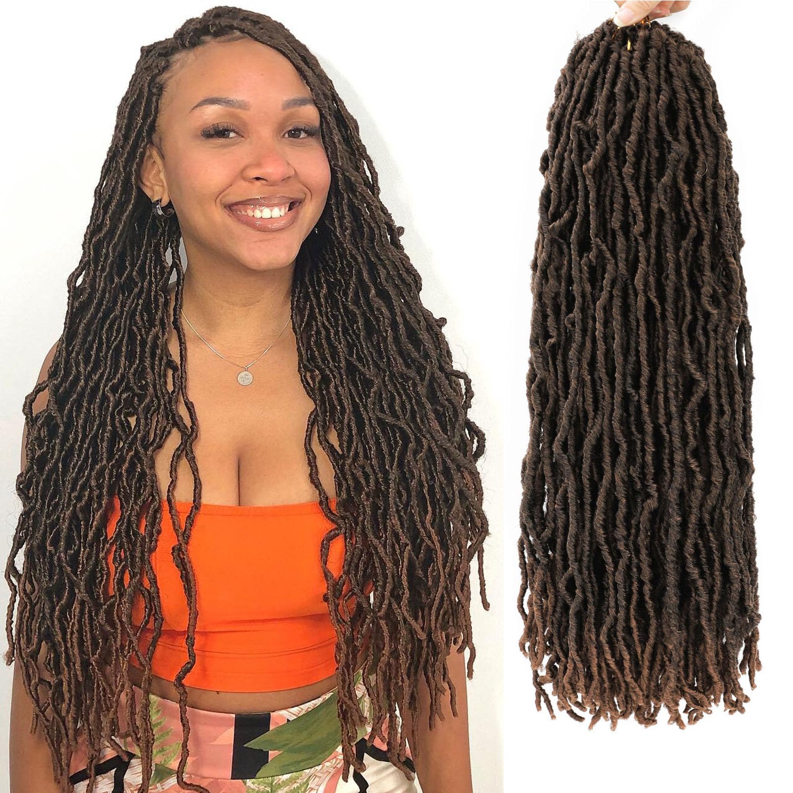 22 Inch Faux Locs Crochet Hair Ombre Brown Soft Locs 7 Packs Pre Looped Locs Crochet Hair For Black Women(22inch, 7 Packs, T30)