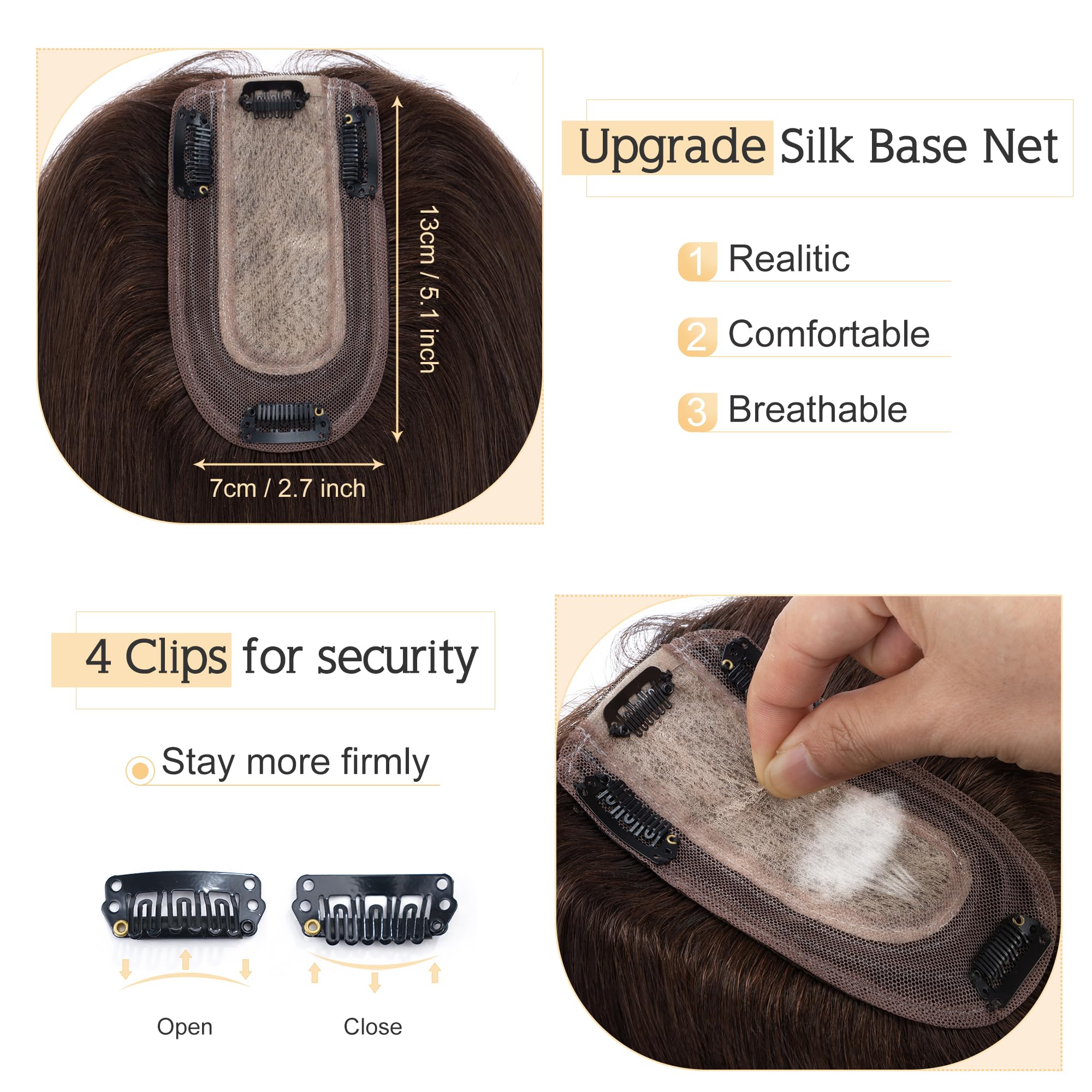 SEGO Human Hair Toppers for Women With Thinning Hair 7 * 13CM Silk Base 100% Real Human Hair Clip in Top Wiglet Hair Pieces//18