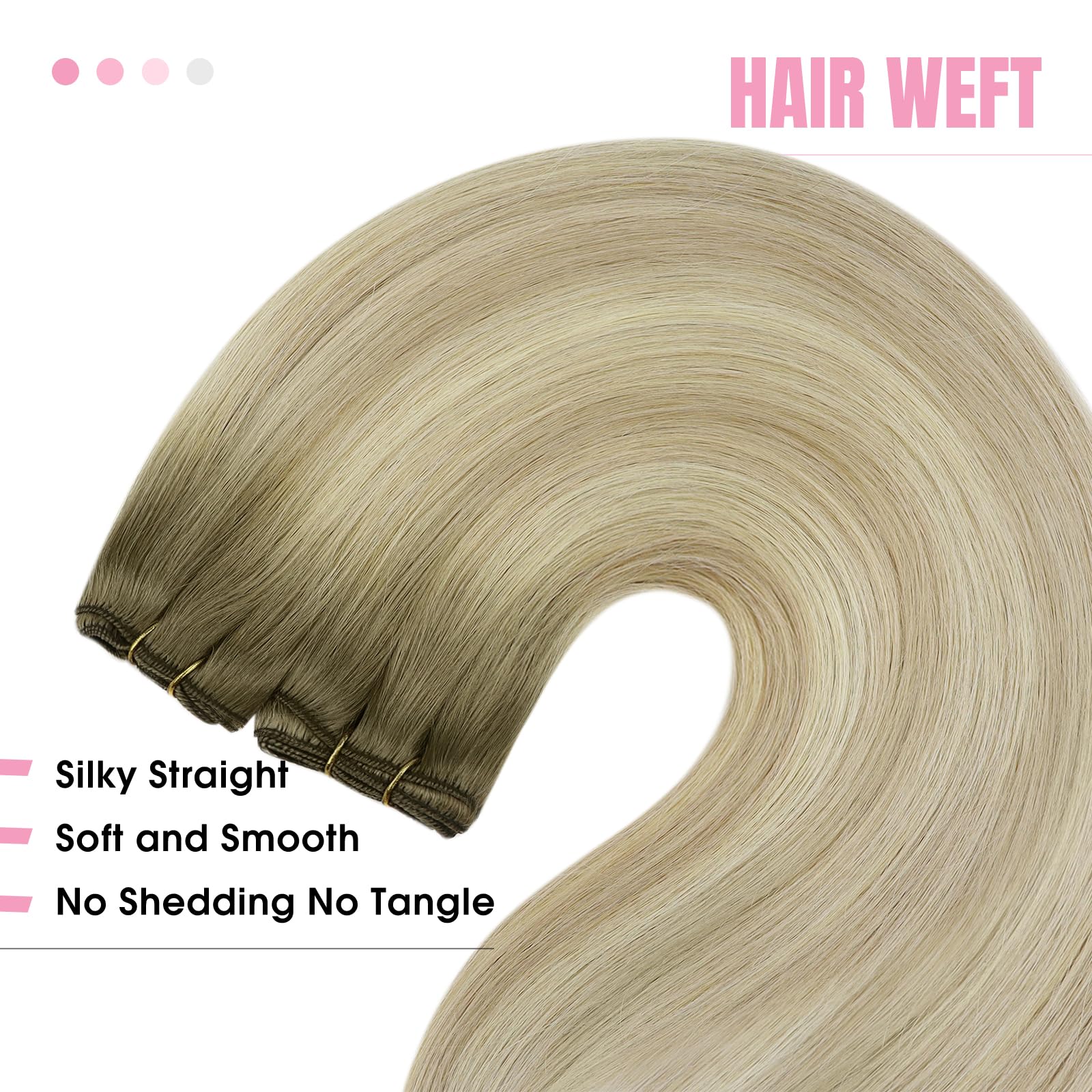 YoungSee Sew in Hair Extensions Ombre Blonde Weft Real Hair Extensions Sew in Human Hair Extensions Ash Blonde Ombre Sunkissed B