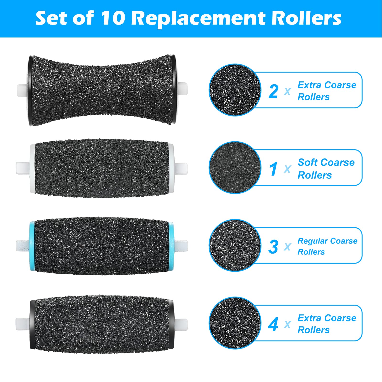 10Pcs Pedi Replacement Rollers Compatible With Amope Pedi Perfect Electronic Foot File, With 2 Curved& 4 Extra Coarse& 3 Regular