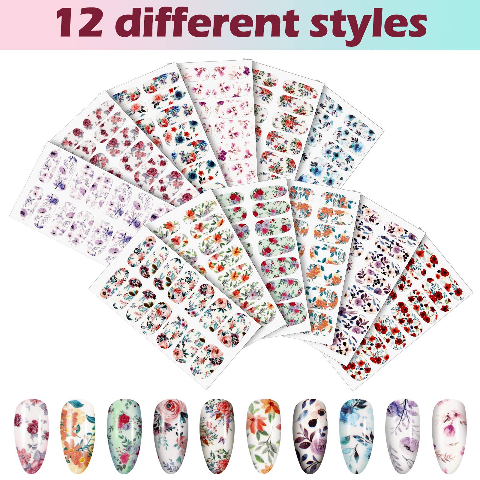 168 Pieces 12 Sheets Full Wraps Nail Polish Stickers Flower Print Self-Adhesive Nail Art Decal Strips Manicure Kits Colorful Flo