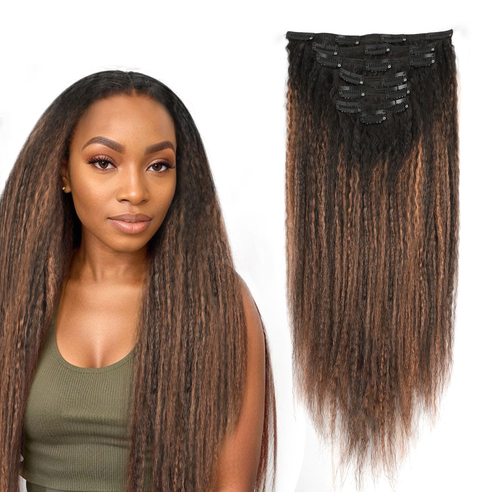 ABH AMAZINGBEAUTY HAIR Light Kinky Straight Clip ins Rooted Black Piano Natural Black #1B Fading into Medium Auburn #30 Kinky Cl