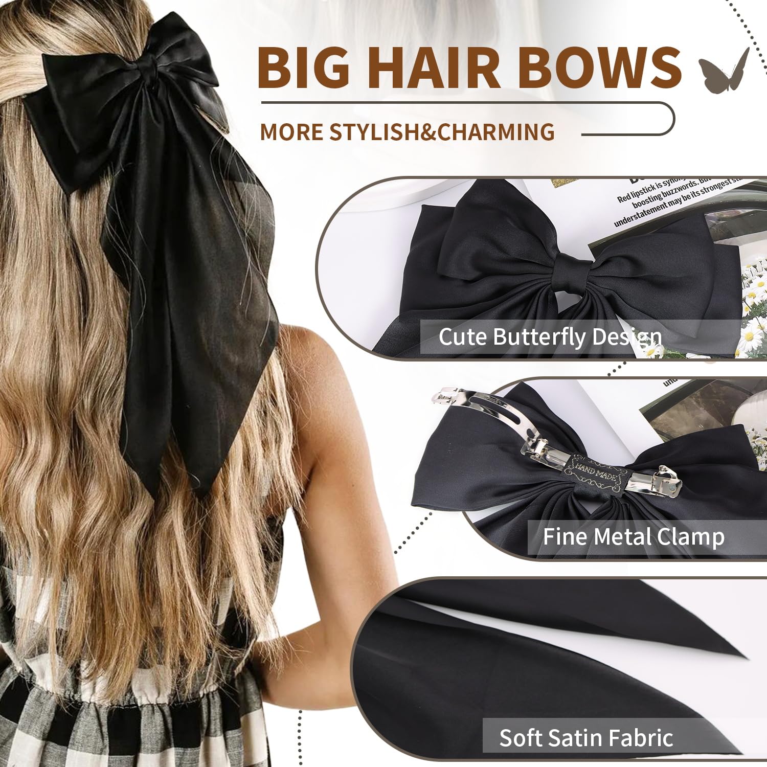 2 Pcs Silky Satin Big Hair Bows Ribbon Hair Barrettes Clip, Large Bow Hair Slides Metal Clips French Barrette OverSized Long Tai