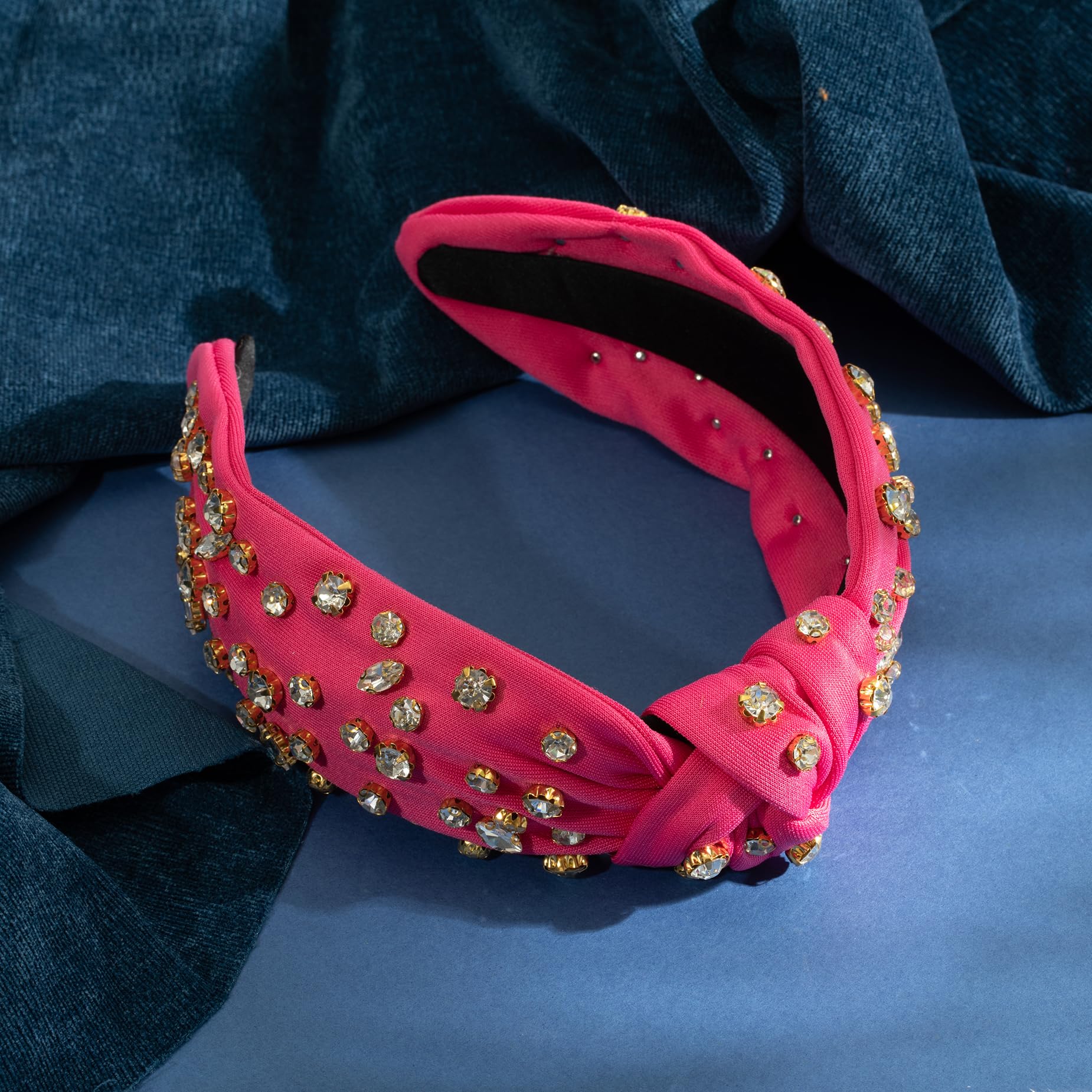 Mixcbe Rhinestone Knotted Hot Pink Headbands For Women, Sparkly Crystal Jeweled Headbands Top Knot Twist Wide Hot Pink Headbands