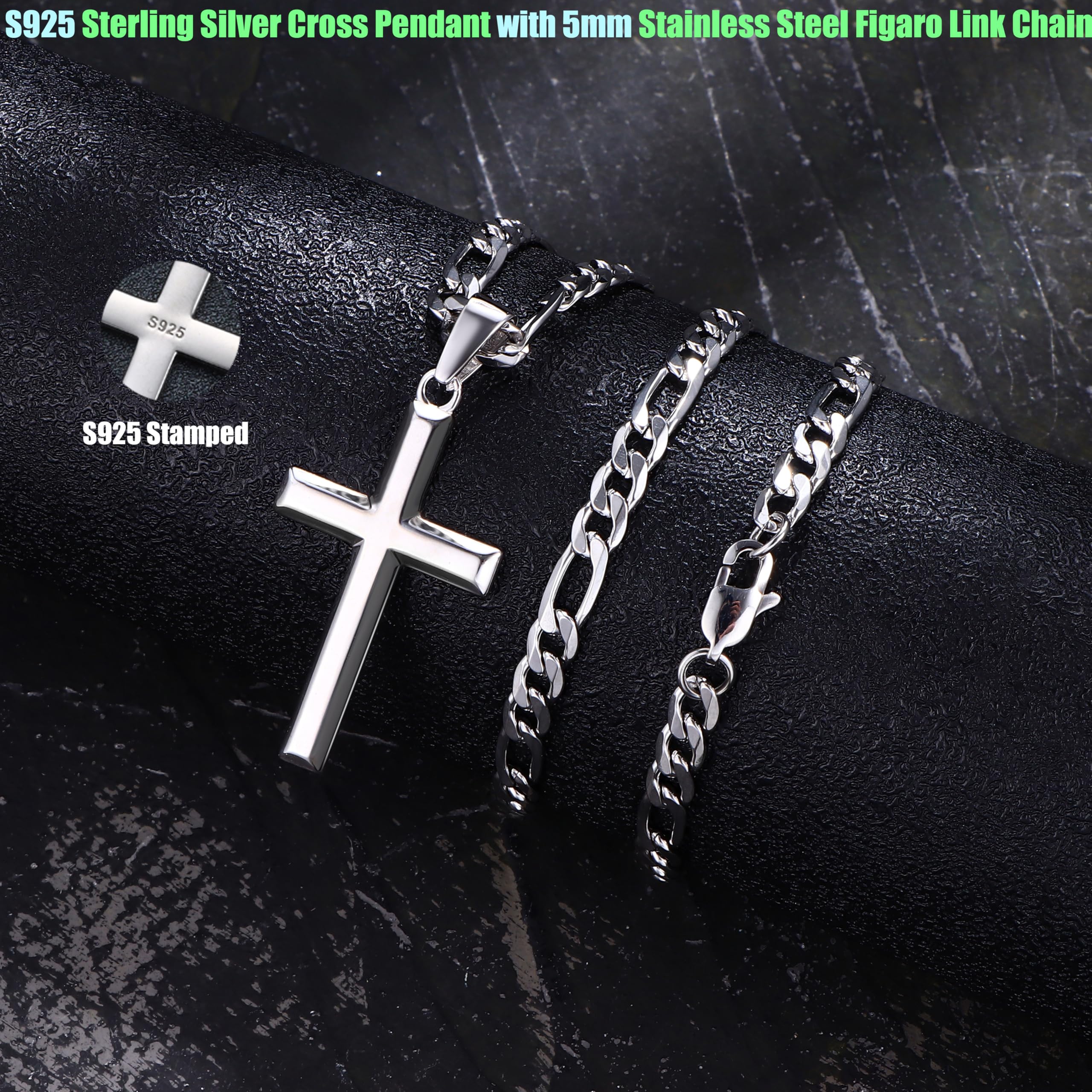 MILACOLATO 925 Sterling Silver Cross Necklace for Men & Women, 18K White Gold Plated, 18" Figaro Chain, Blue Jewelry Gift Box