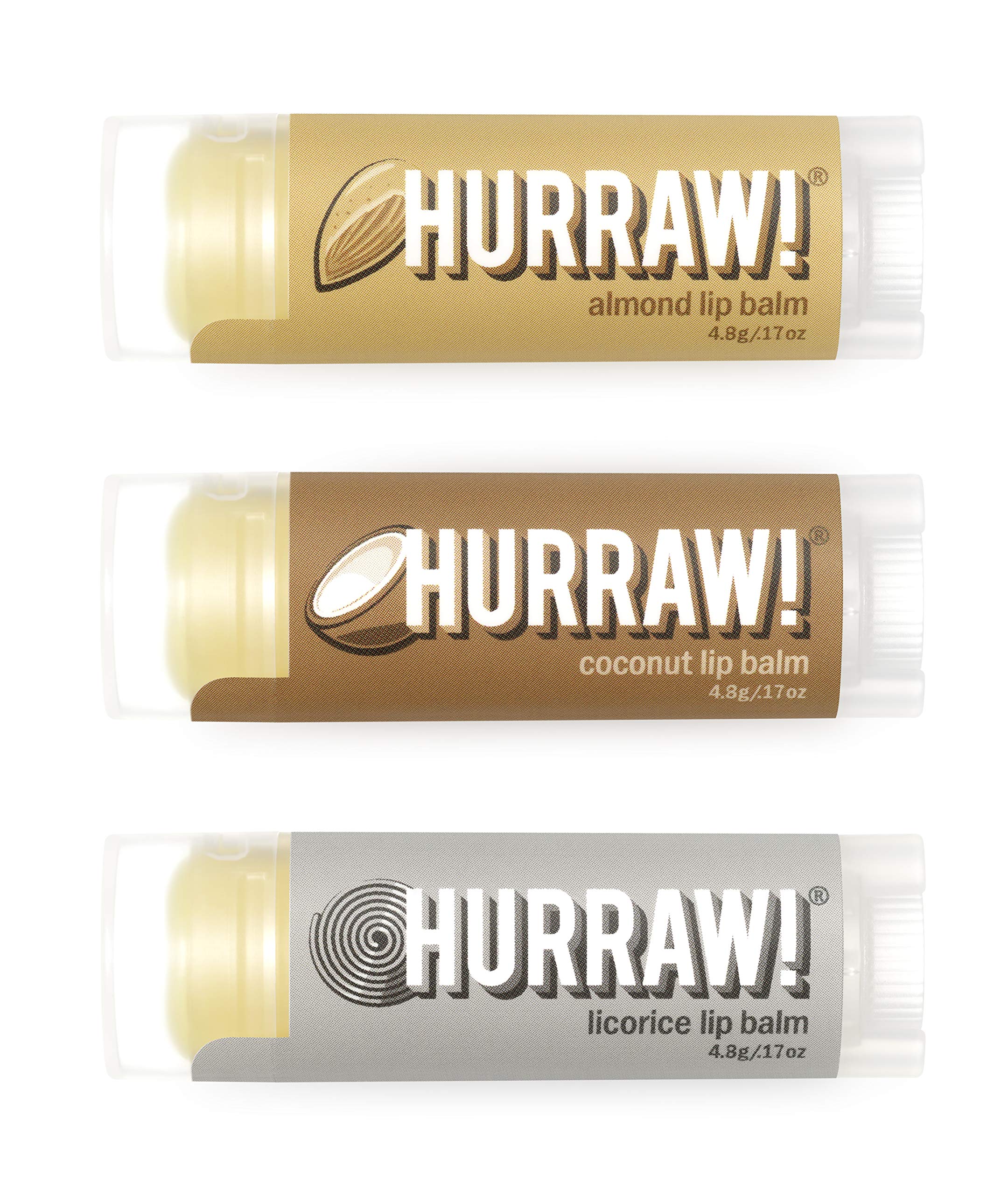 Hurraw! Almond, Coconut, Licorice Lip Balms, 3 Pack Bundle: Organic, Certified Vegan, Cruelty and Gluten Free. Non-GMO, 100% Nat