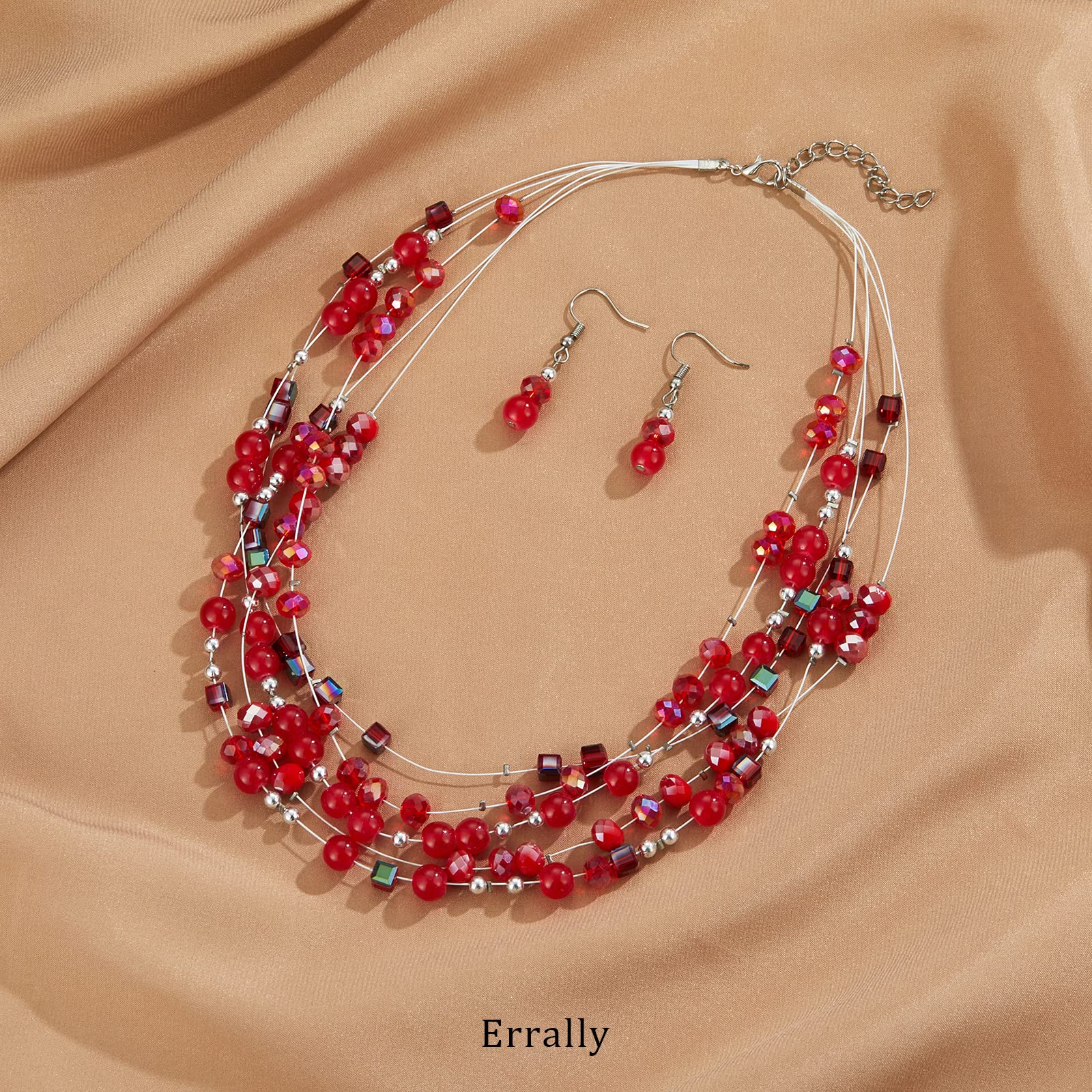Layered Chunky Statement Necklace for Women Colorful Boho Beaded Necklaces and Earring Set Fashion Costume Jewelry for Women(Red