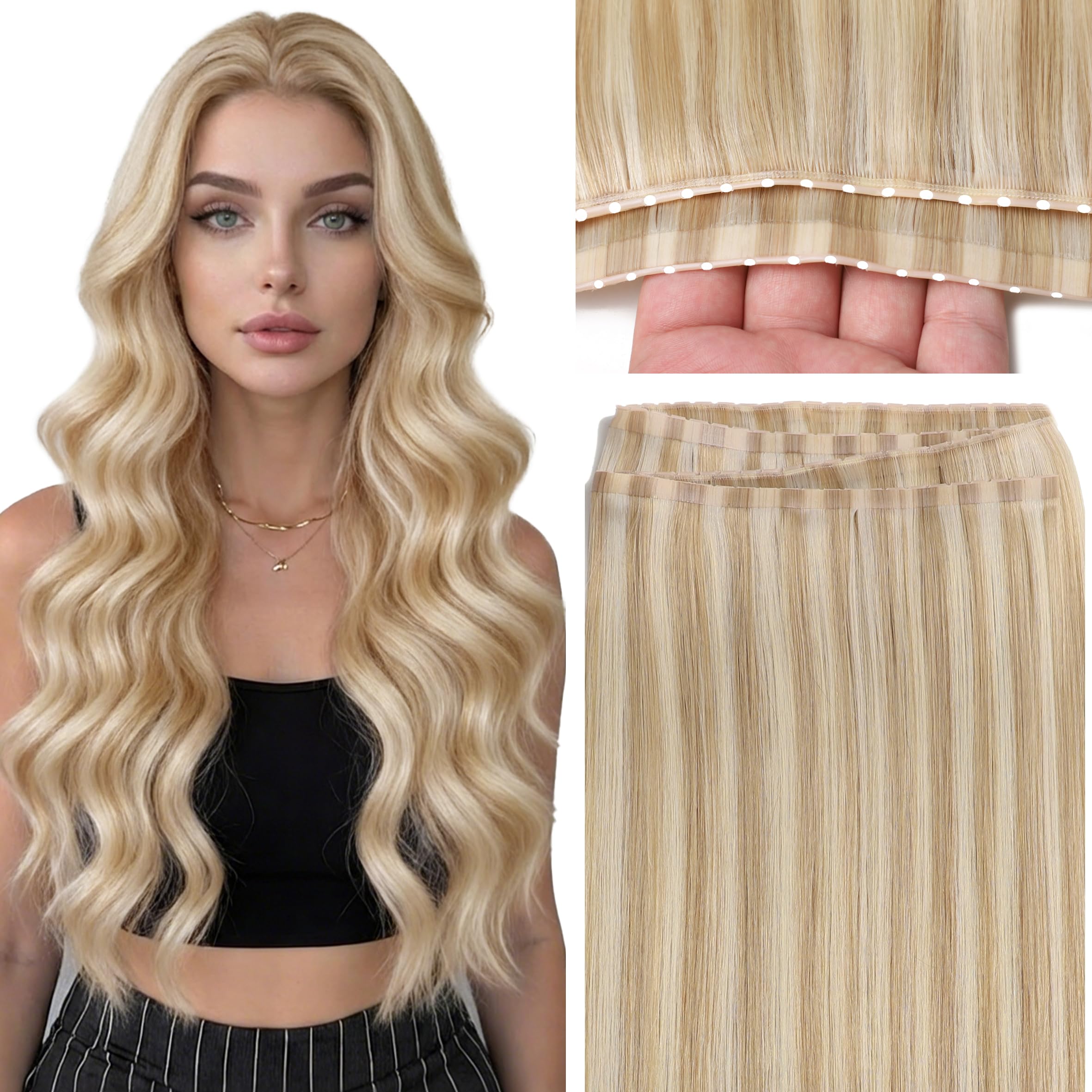 Caliee Butterfly Extensions Human Hair Light Brown Highlighted Platinum Blonde 20 Inch Twin Tab Butterfly Wefts Cuttable Invisib