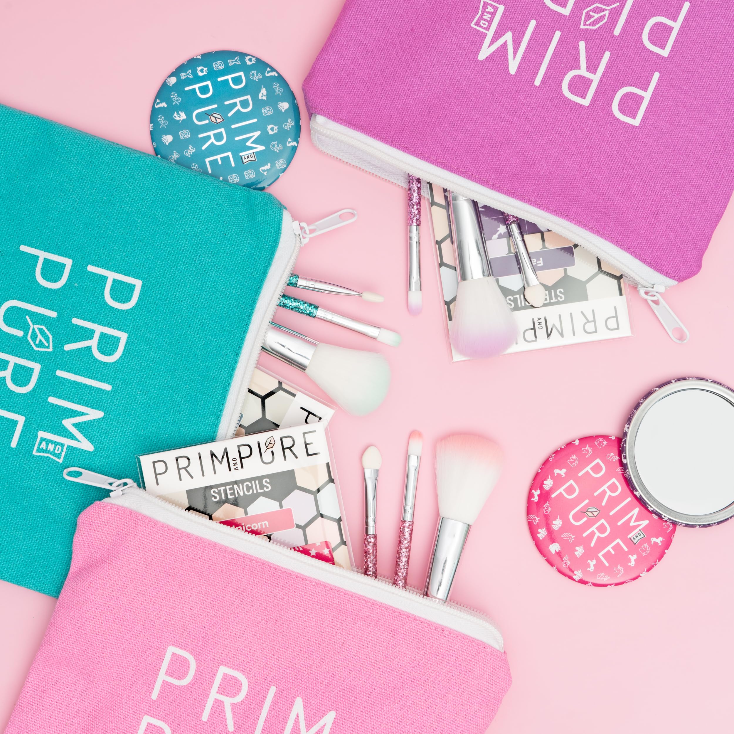 Prim And Pure Kids Makeup Gift Set - Stencil, Makeup Eyeshadow Bioglitter Lip Gloss And Cosmetic Bag Mirror Makeup Brush Accesso