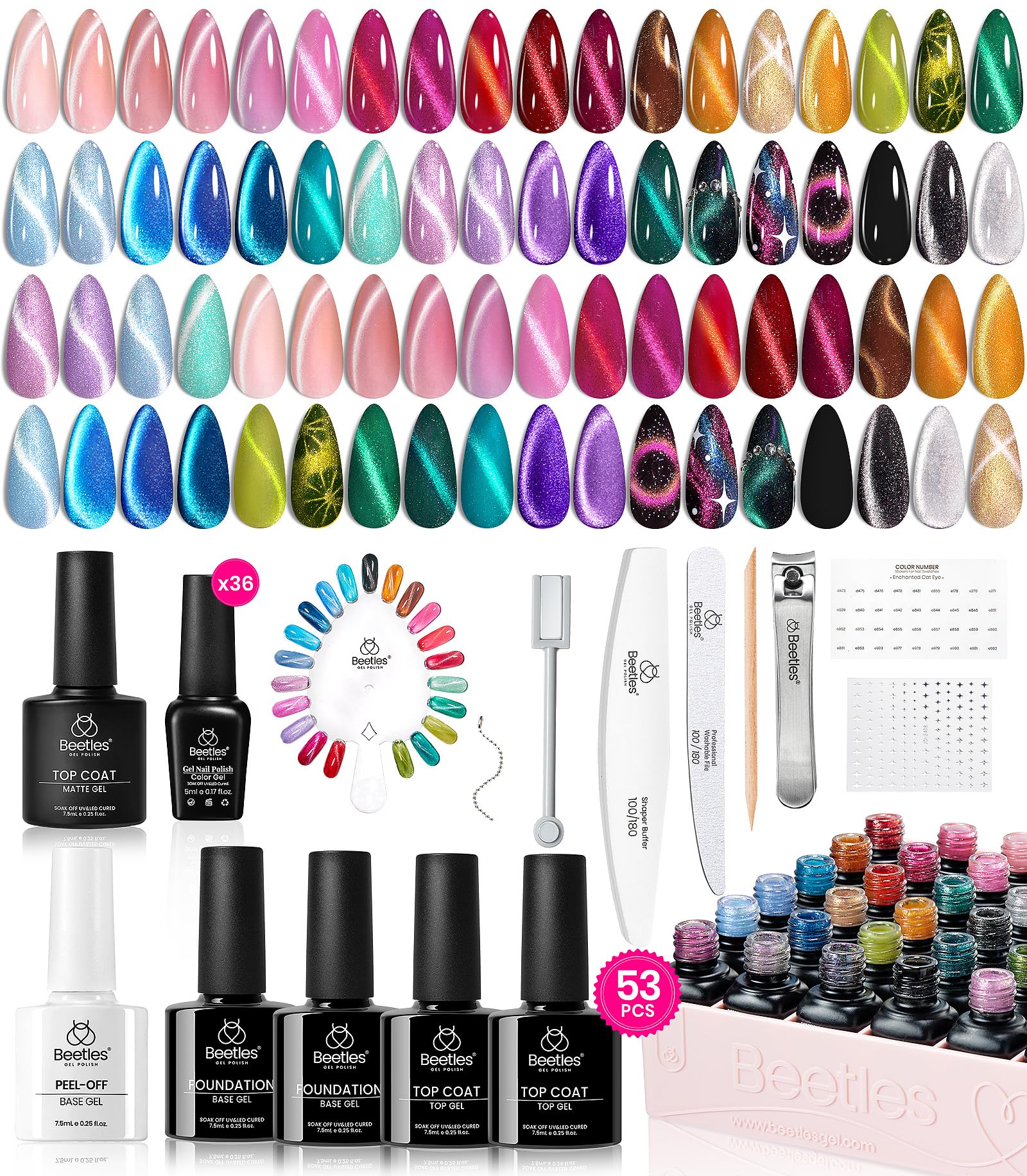 Beetles Cat Eye Gel Nail Polish Set-36 Colors Red Purple Brown Green Burgundy Magnetic Gel Nail Polish With Base Gel Glossy Matt