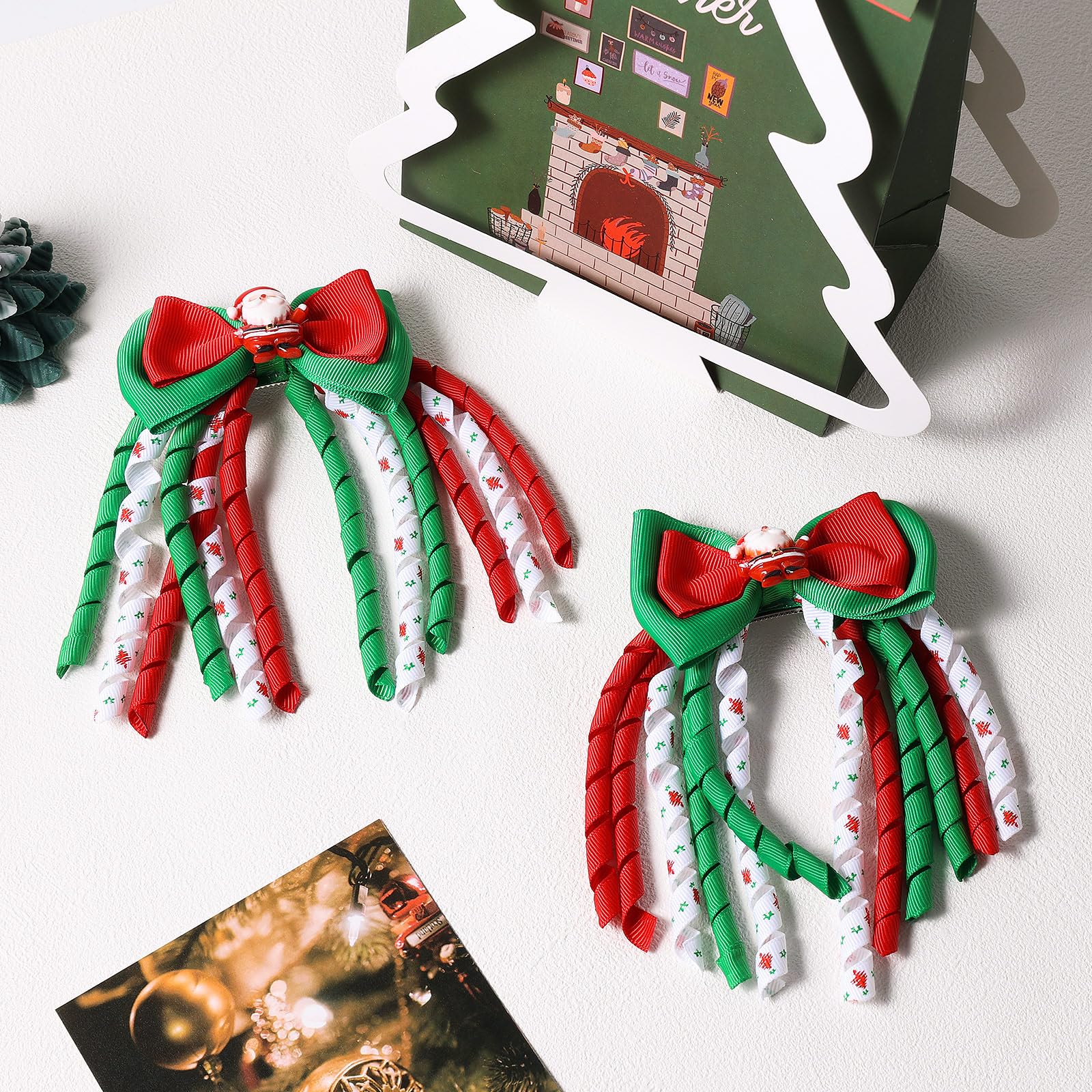 Christmas Red White Green Ribbon Hair Bows Clip Girls Santa Claus Cheer Bowknot Korker Curly Alligator Barrette Pins Kids Xmas H