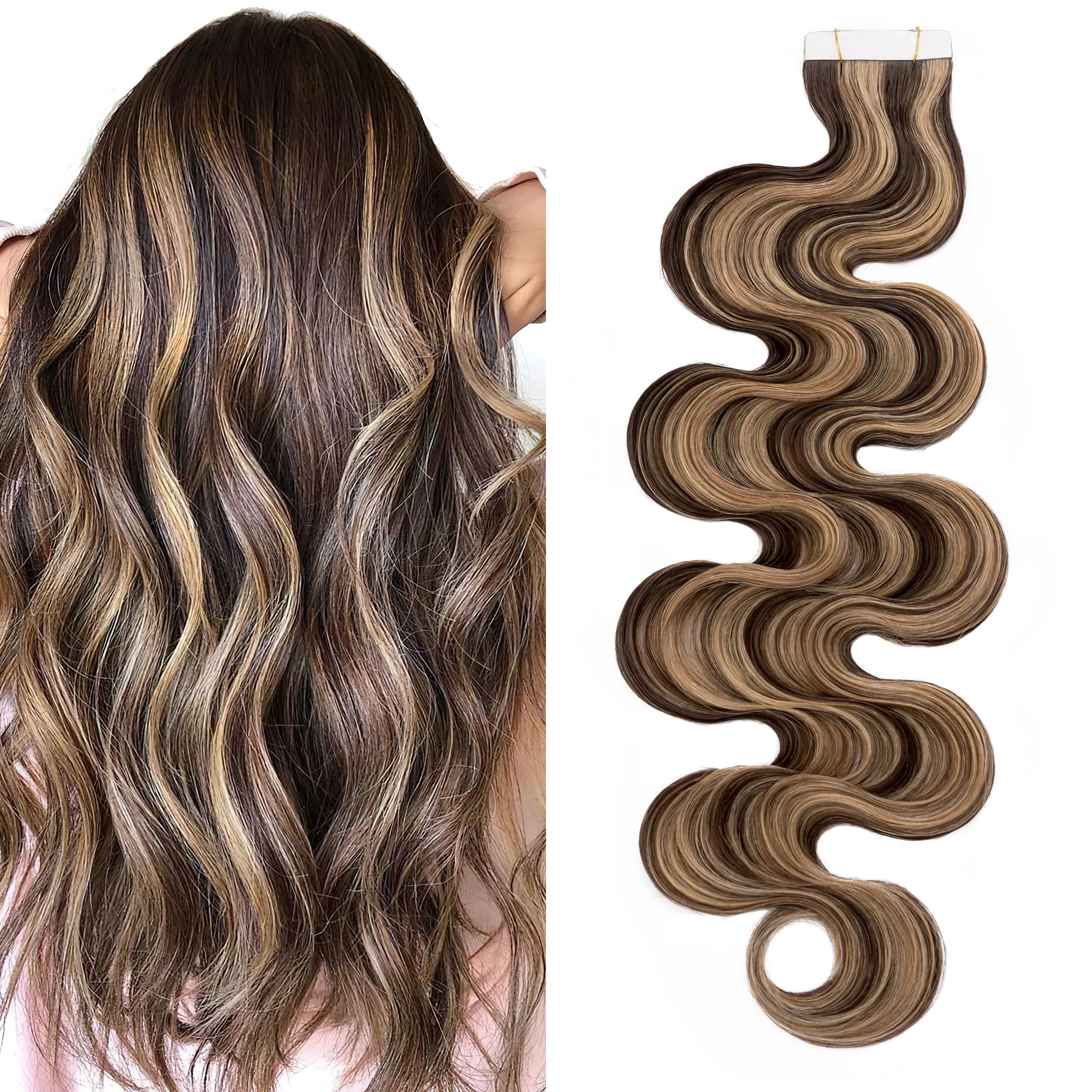 SEGO Tape in Hair Extensions Wavy 16 Inch Balayage 100% Remy Human Hair Real Seamless Skin Weft Invisible Rooted Double Sided Ta