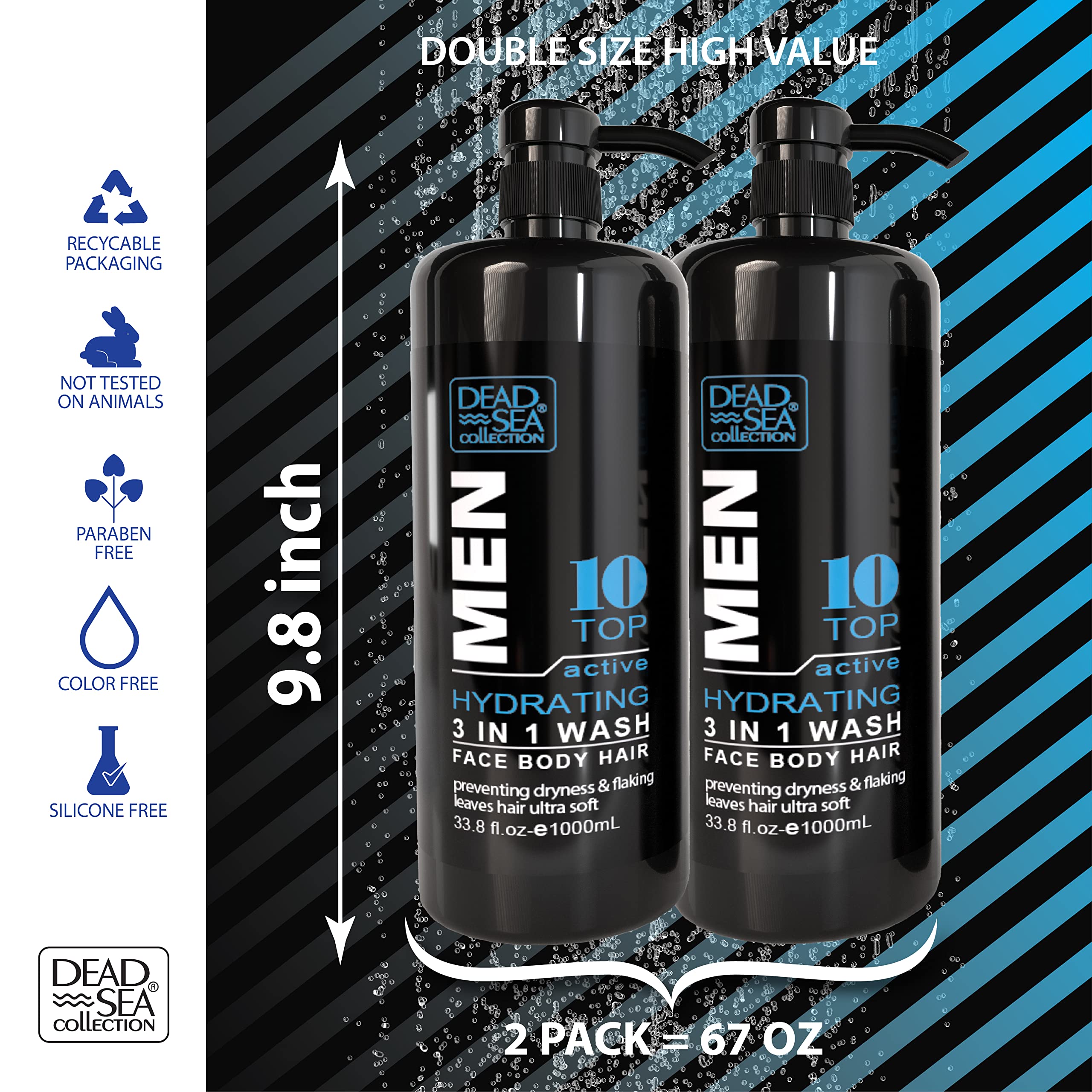 Dead Sea Collection Top 10 Active Mens Body Wash - Pack Of 2 (676 Fl Oz) - 3 In 1 Body Wash For Men - Face Wash For Men With Sho