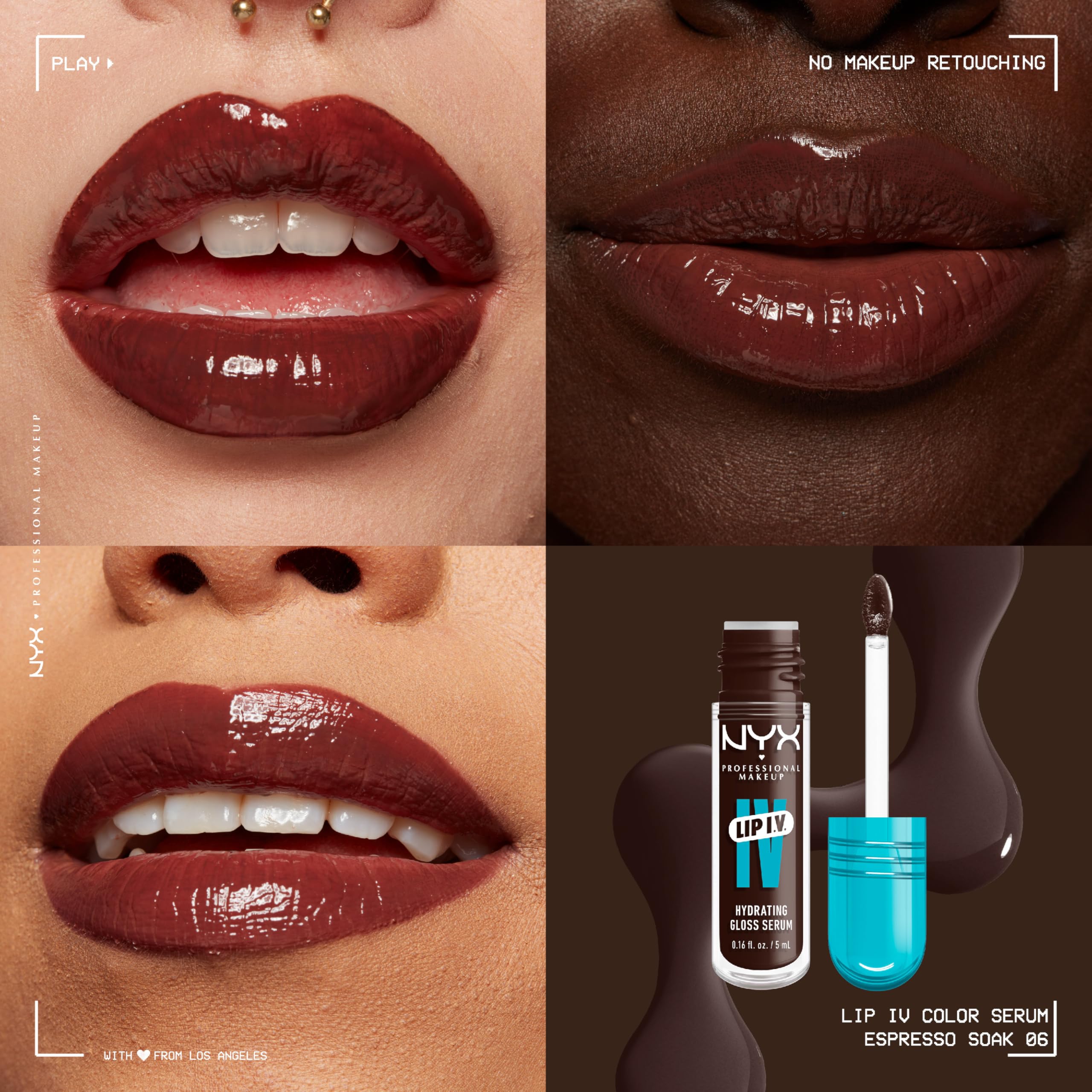 NYX PROFESSIONAL MAKEUP Lip IV Hydrating Gloss Serum, Lip Stain with 12HR Hydration - Espresso Soak (Brown Lip Gloss)