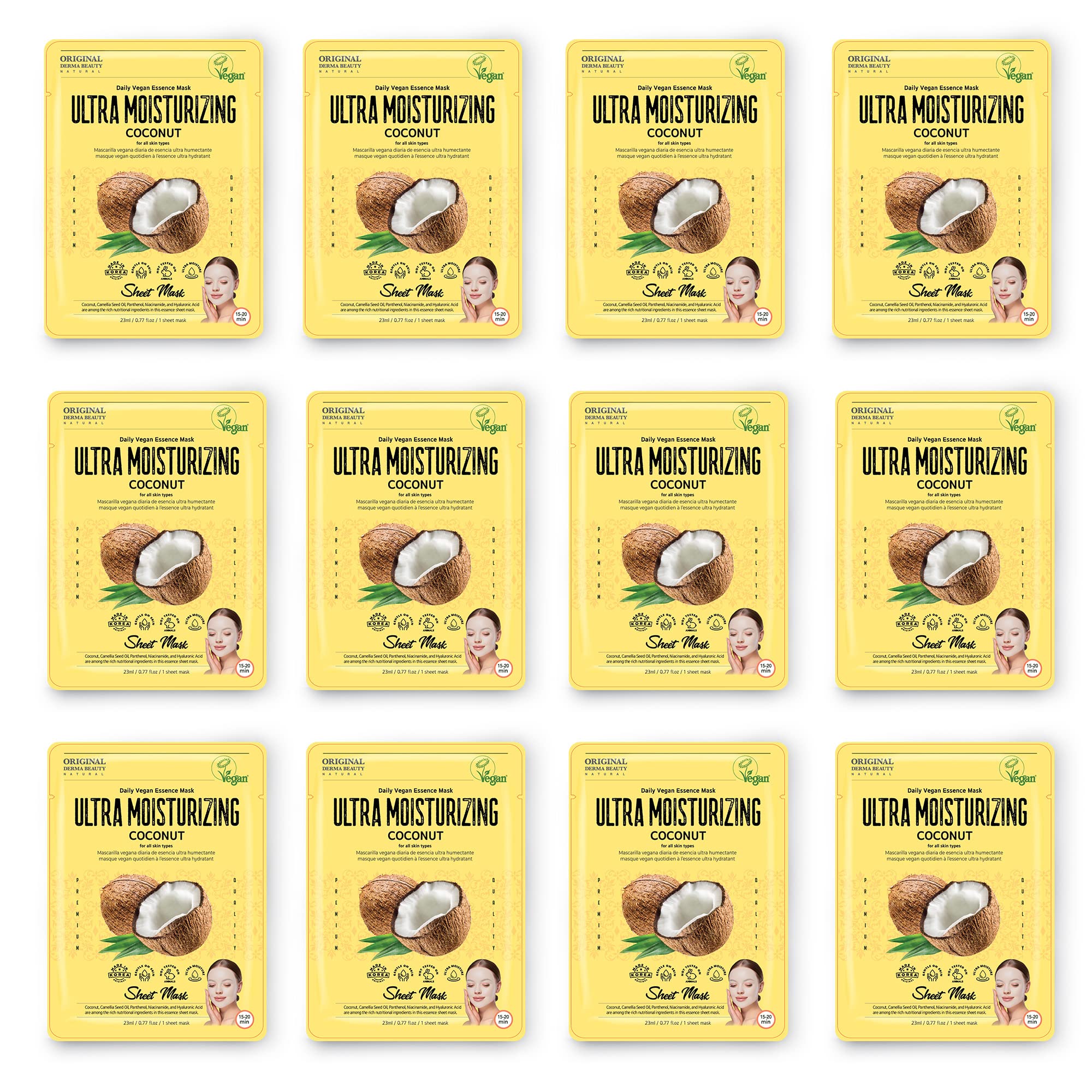 Innerest Original Derma Beauty Collagen Face Masks 12 Pk Vegan Ultra Moisturizing Coconut Face Mask Skin Care Sheet Masks Set Fo