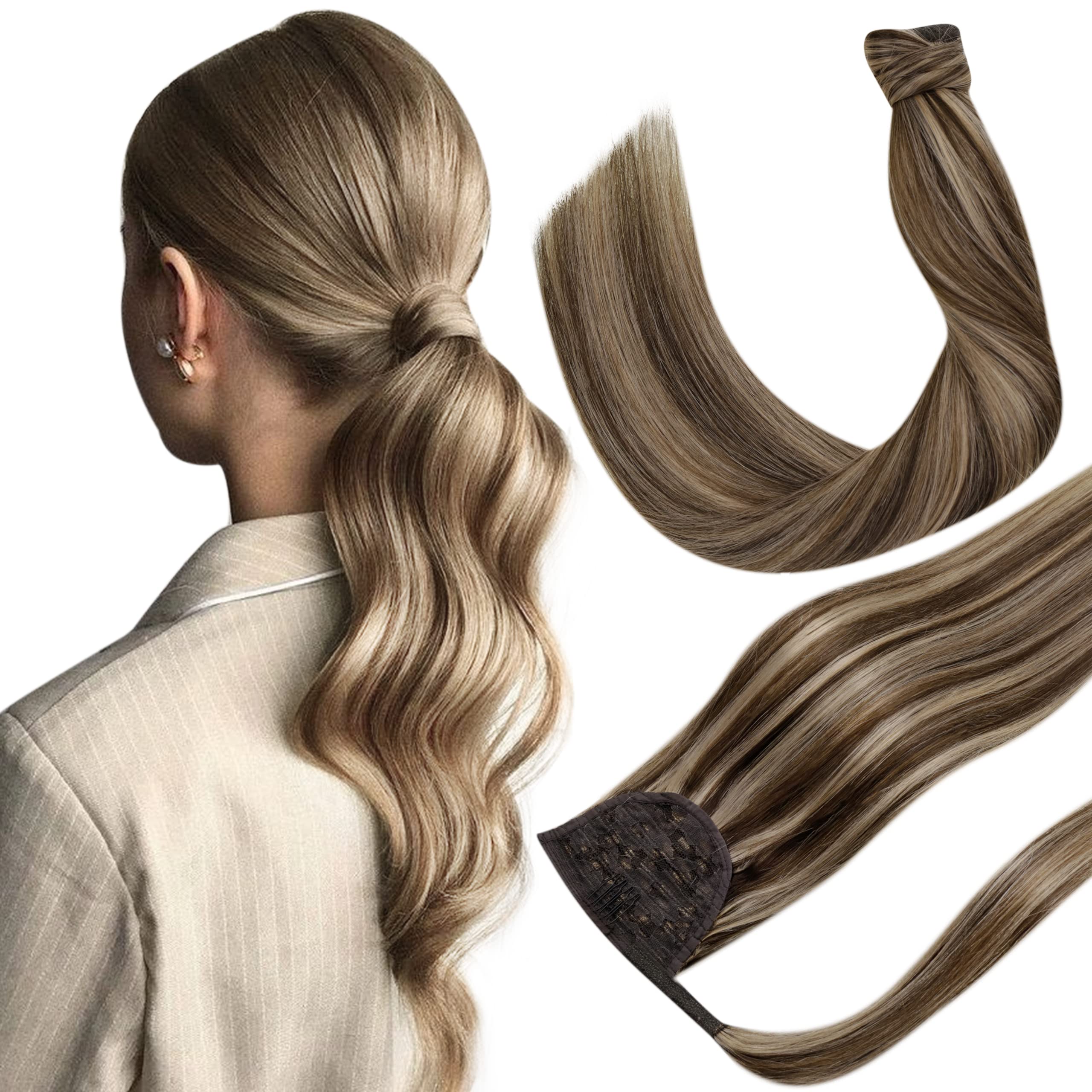 Hetto Ponytail Extension Human Hair 12 Inch 70g Wrap Around Ponytail Hair Extensions #4/27 Dark Brown Highlight Caramel Blonde P