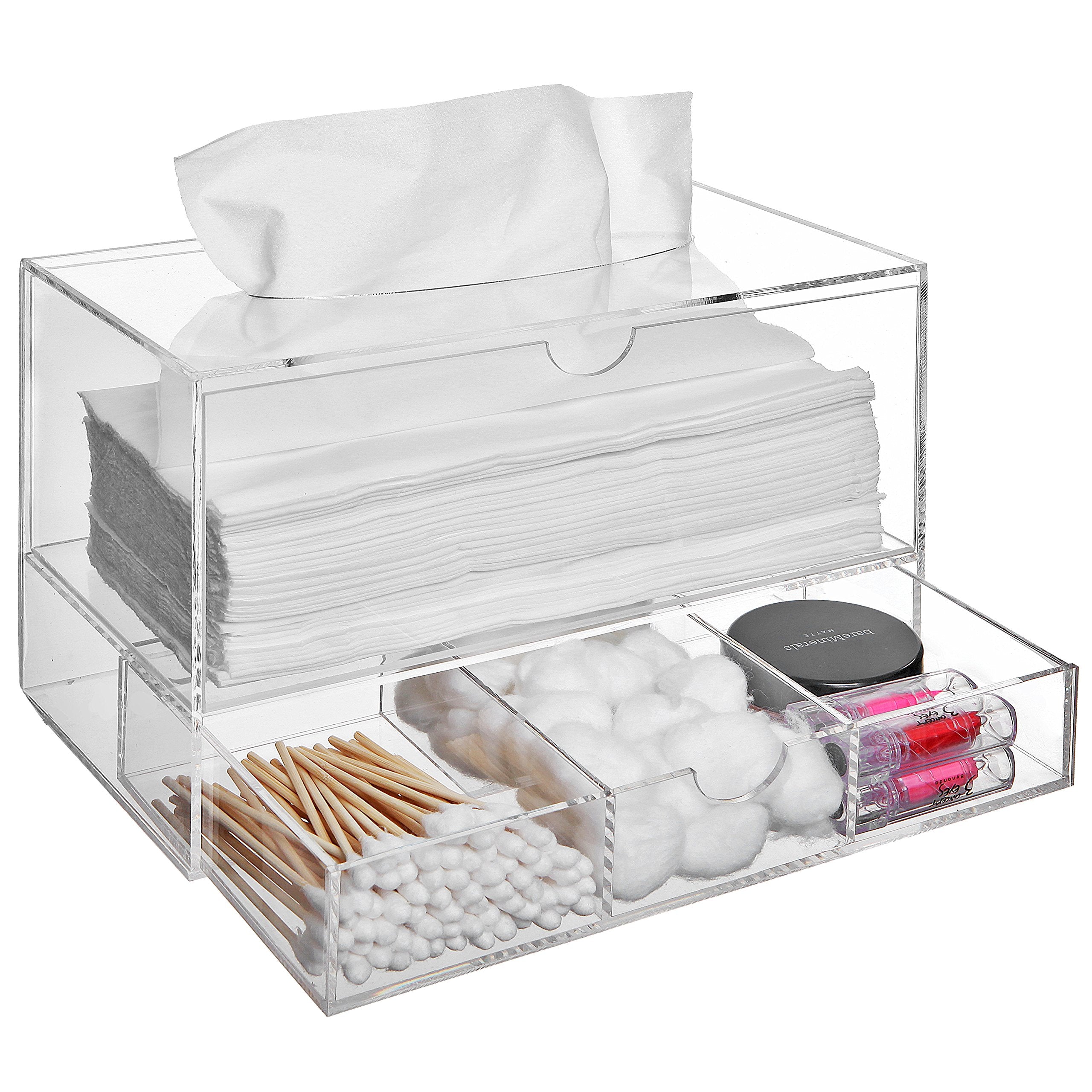 Modern Clear Acrylic Facial Tissue Dispenser Holder With Pull-Our Drawer For Makeup Cosmetics And Accessories, Vanity Countertop