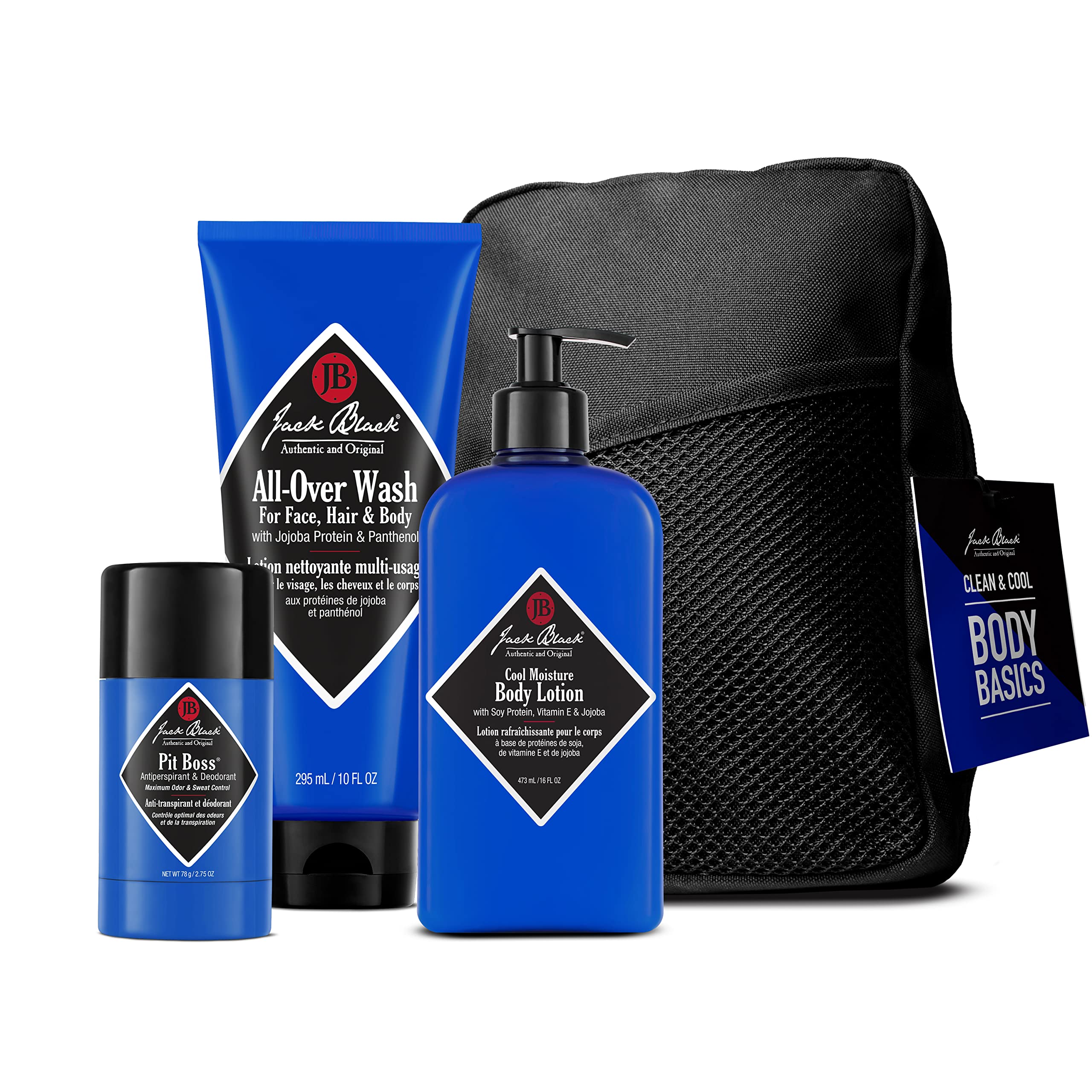 Jack Black By Jack Black Clean & Cool Body Basics Kit: All-Over Wash For Face, Hair & Body 10 Oz + Pit Boss Antiperspirant & Deo