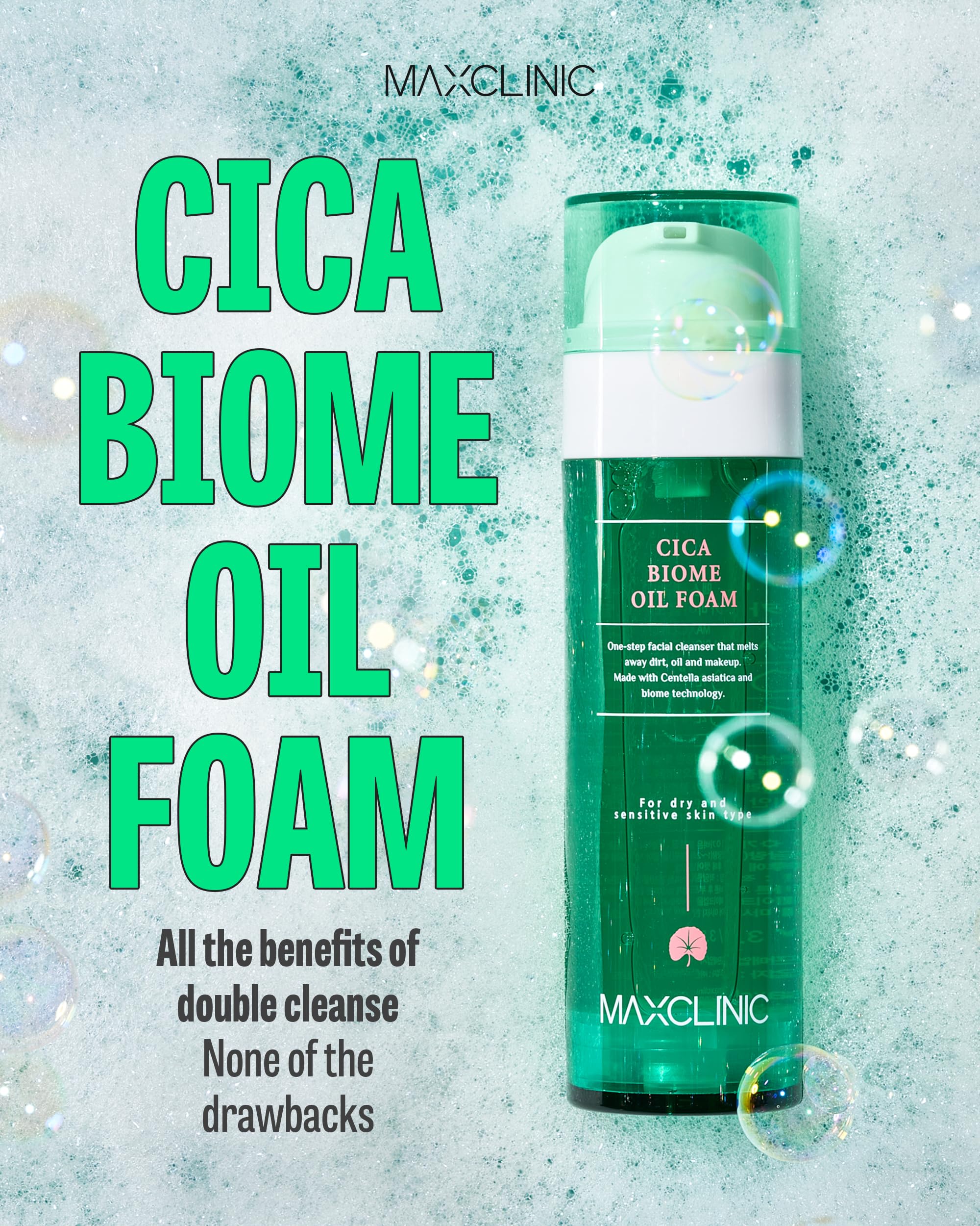 Maxclinic [K-Beauty] Cica Biome Cleansing Oil To Foam | Daily Face Wash Oil Based Cleanser To Foam | Korean Oil Foaming Face Cle
