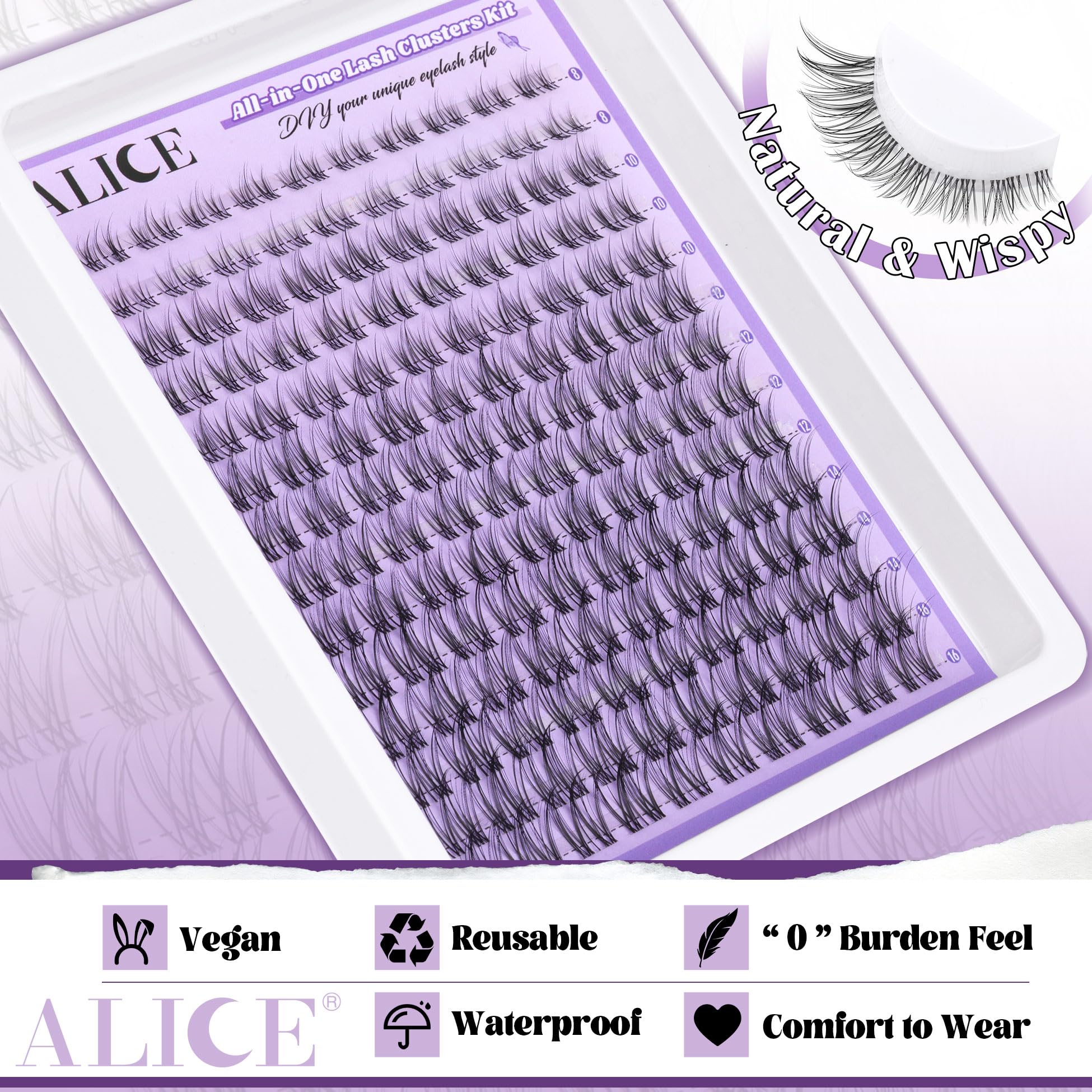 Alice Cluster Eyelash Extension Kit Natural Wispy Lash Clusters Kit Lash Extension Kit Clear Band 168Pcs C Curl 11-13Mm Individu