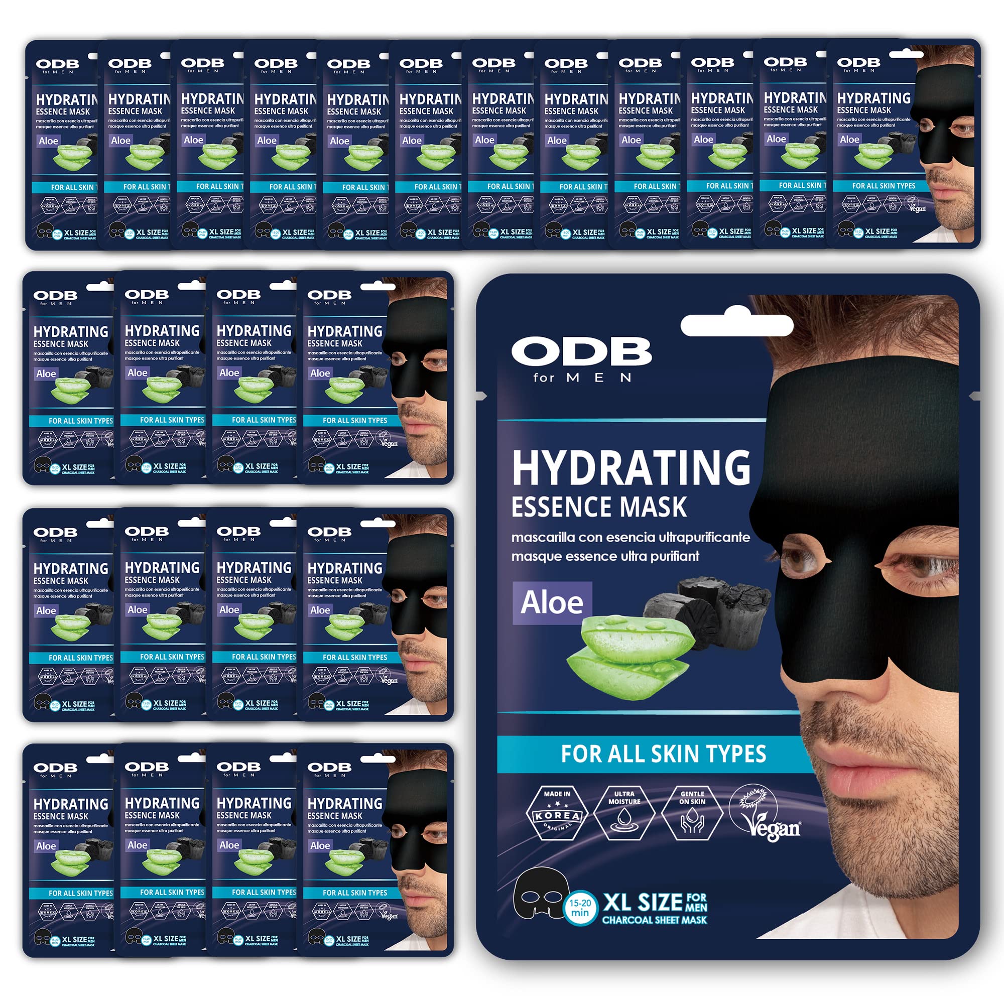 Odb For Men Charcoal Essence Sheet Mask For Bearded Men 24 Pk Hydrating Aloe & Purifying Vitamin Facial Mask For Men With Beards
