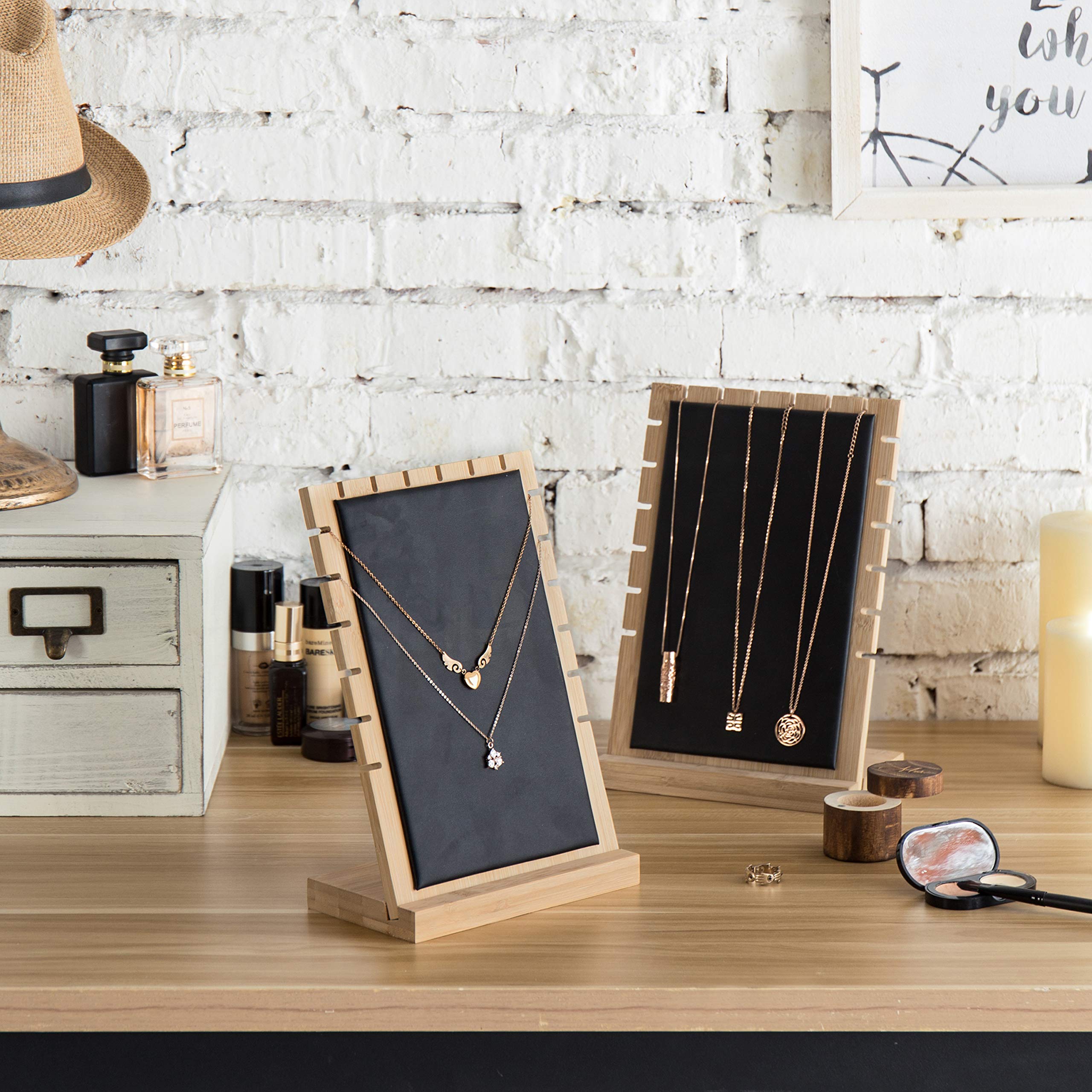 MyGift Modern Bamboo Necklace Jewelry Tabletop Display Boards, Set of 2,Black